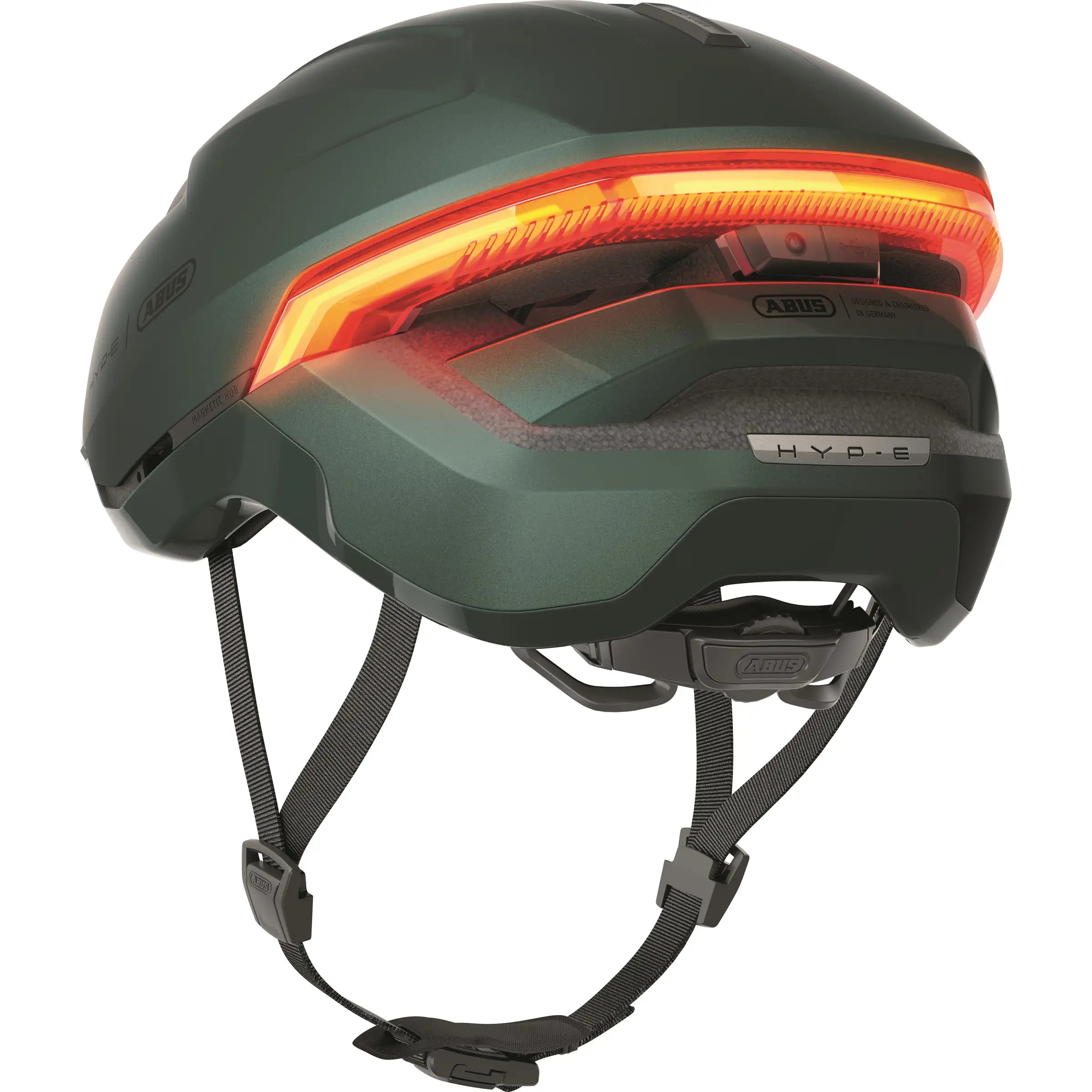 Abus Hyp-E Speed Pedelec fietshelm met ingebouwde verlichting en comfortabele pasvorm, zwart gekleurd, close-up van de helm.