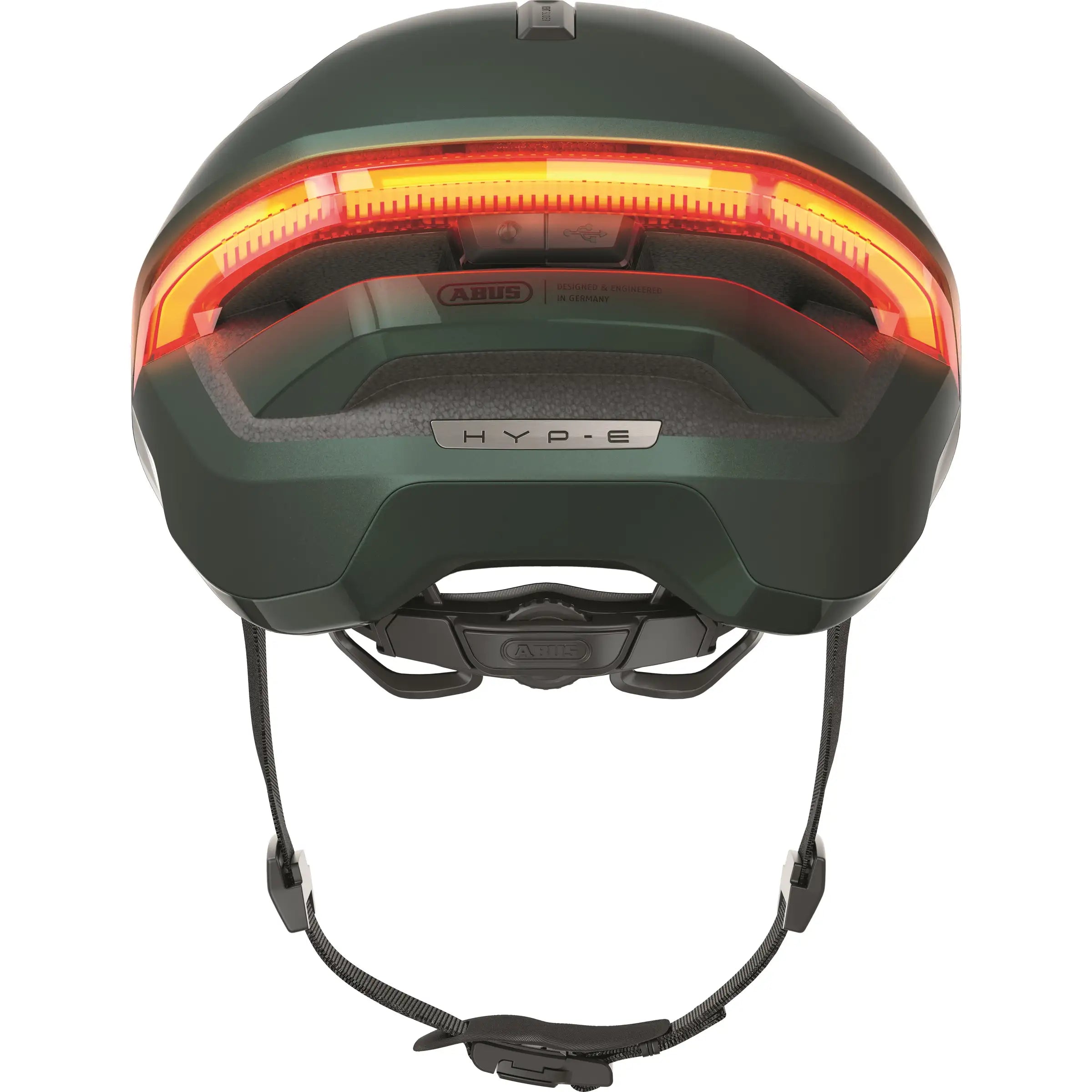 Abus Hyp-E slimme speed pedelec helm met geïntegreerde verlichting en ventilatie, geschikt voor elektrische fietsen.