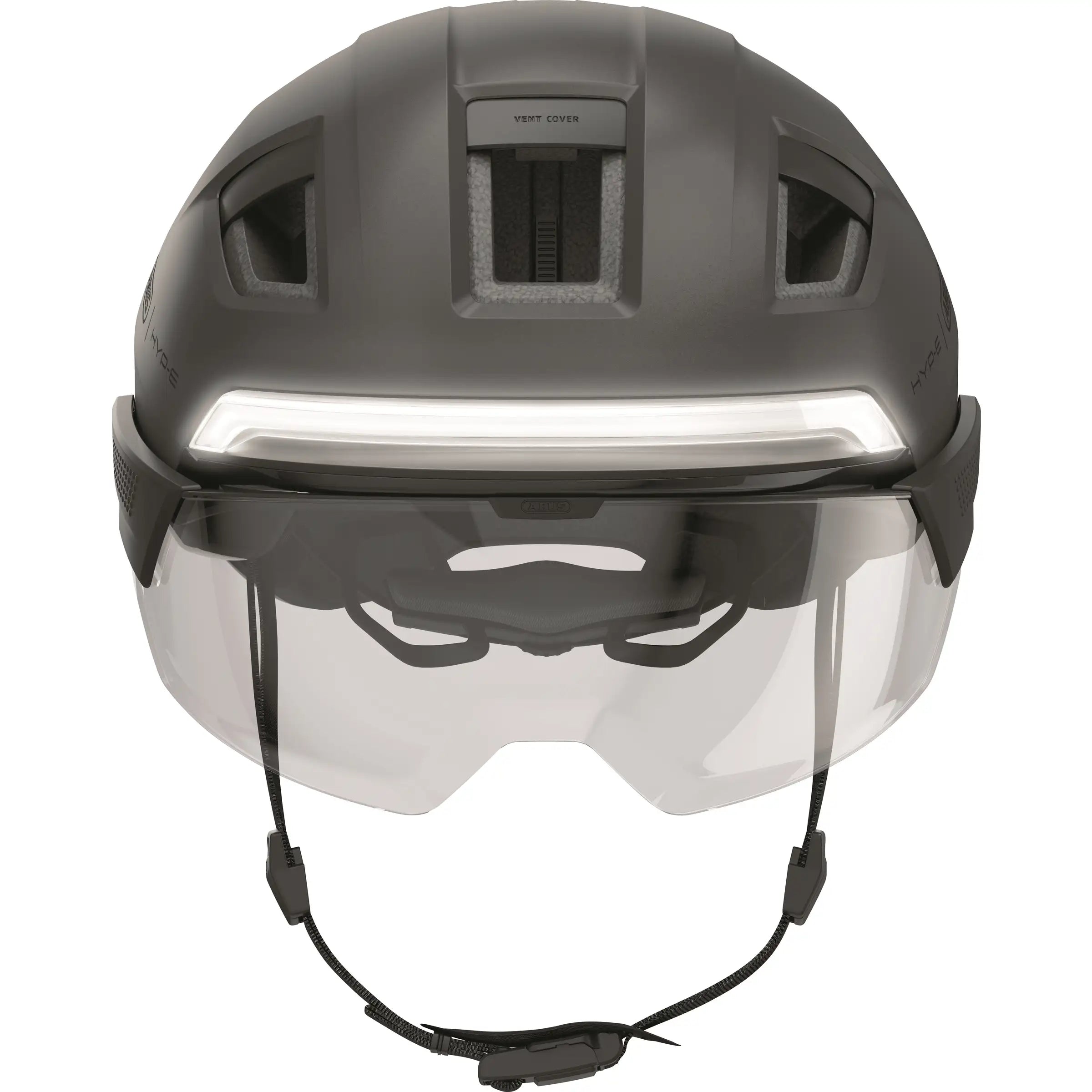 Abus Hyp-E Ace Speed Pedelec helm met geïntegreerde verlichting, wit met zwarte details, zichtbaar van voren op een fiets.