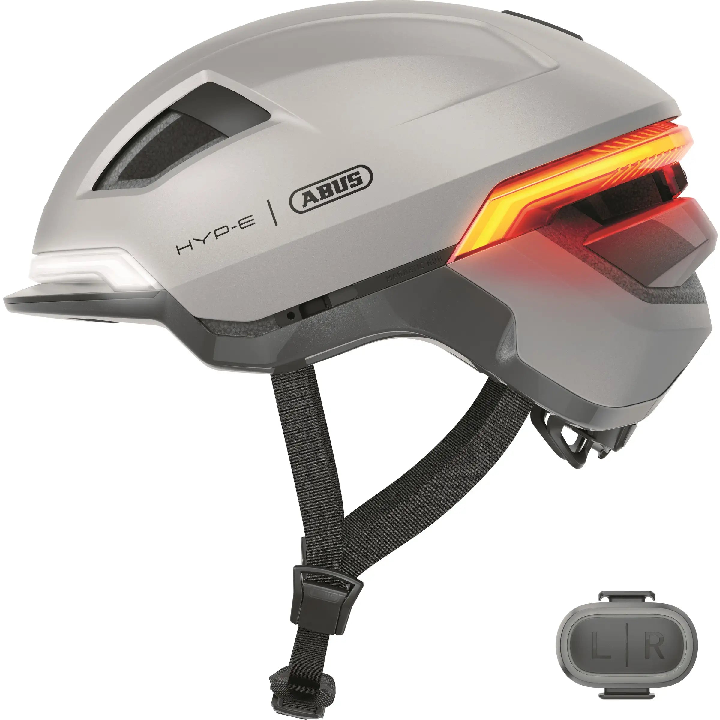 Abus Hyp-E snelheidsfietshoofdbescherming met geïntegreerde verlichting voor speed pedelecs, in zwart met reflectie.