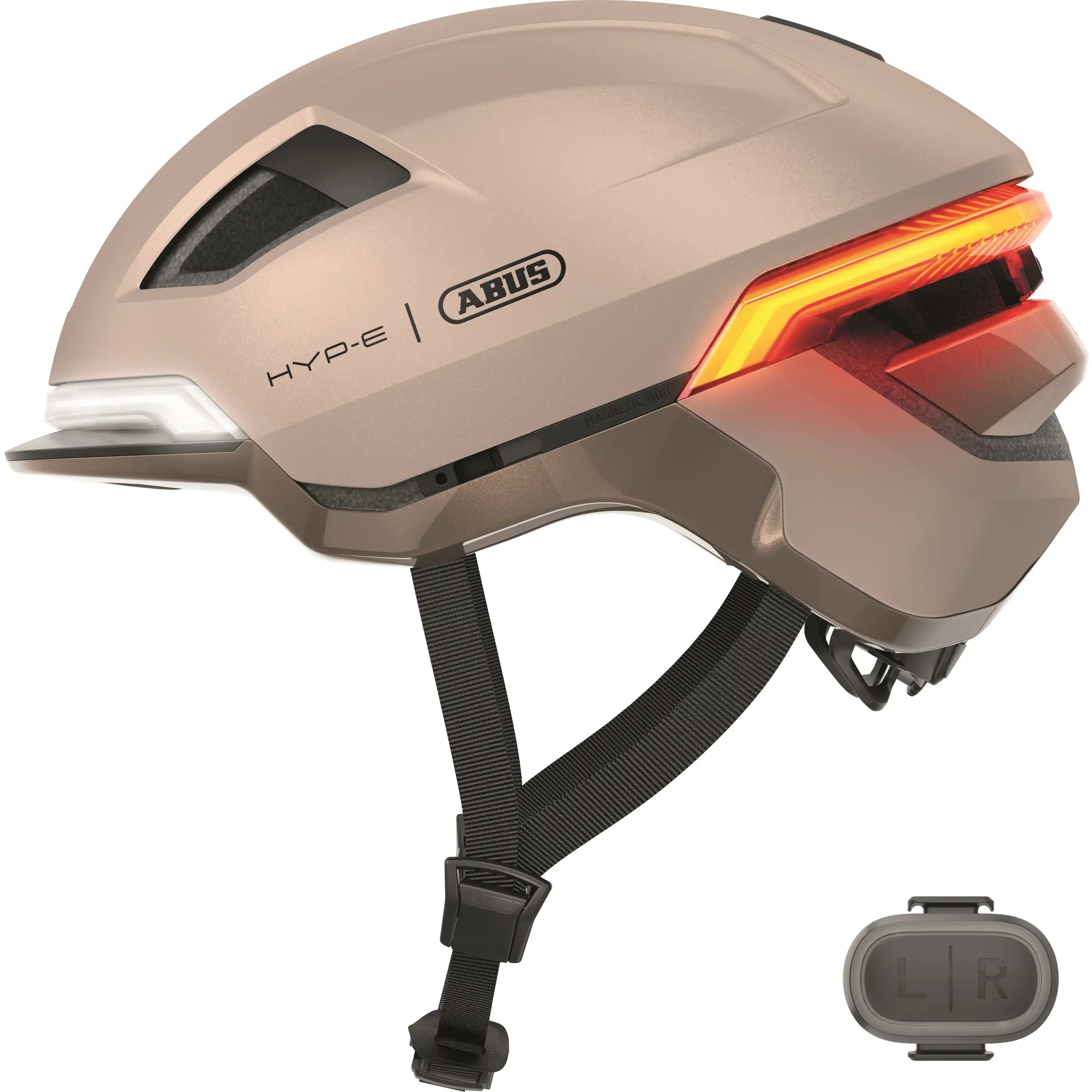 Abus Hyp-E Speed Pedelec fietshelm met geïntegreerde verlichting en veiligheidskenmerken, zwart met aerodynamisch ontwerp.