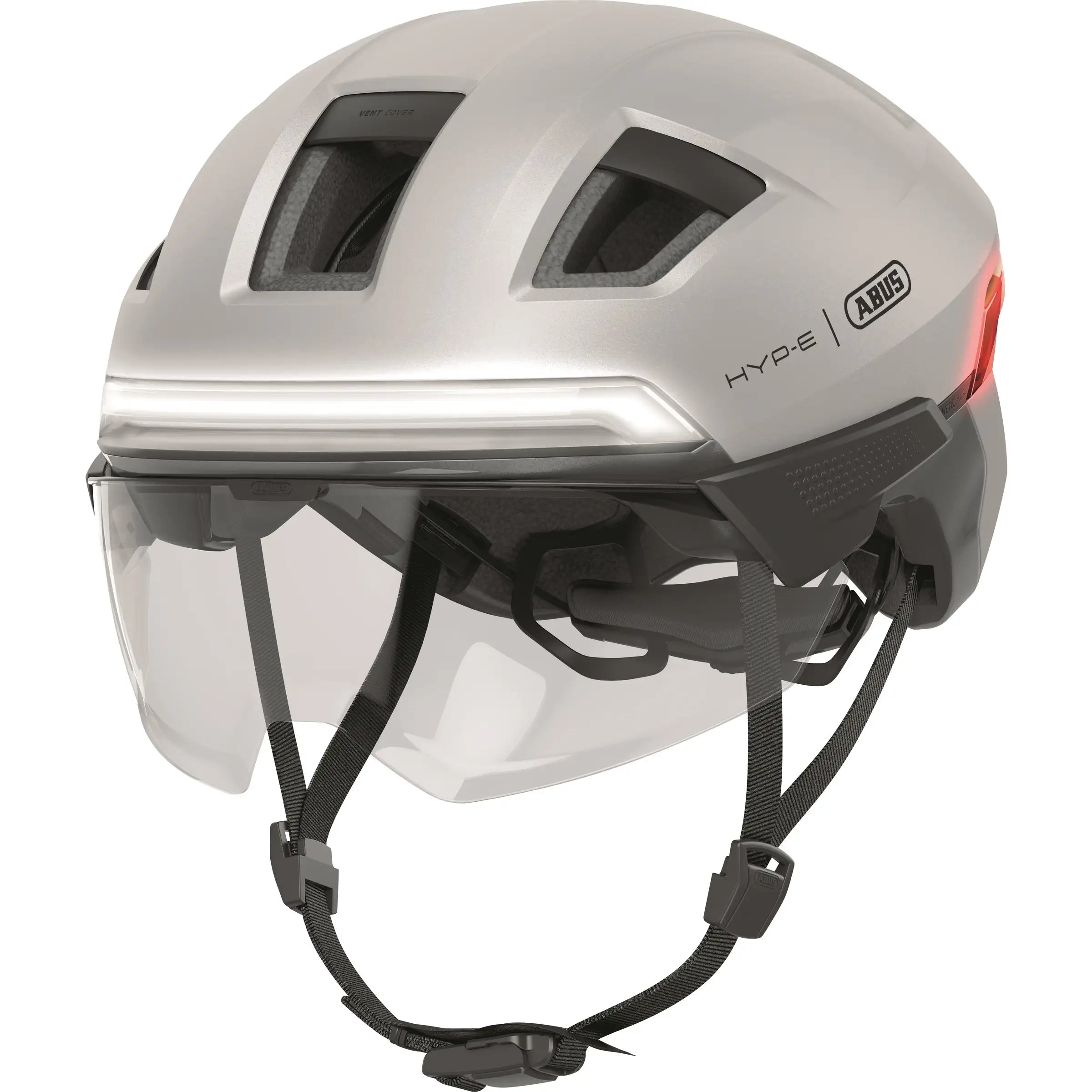 Abus Hyp-E Bl.ace Speed Pedelec fietshelm met geïntegreerde verlichting en stevige constructie, zwart kleur, close-up van de helm.