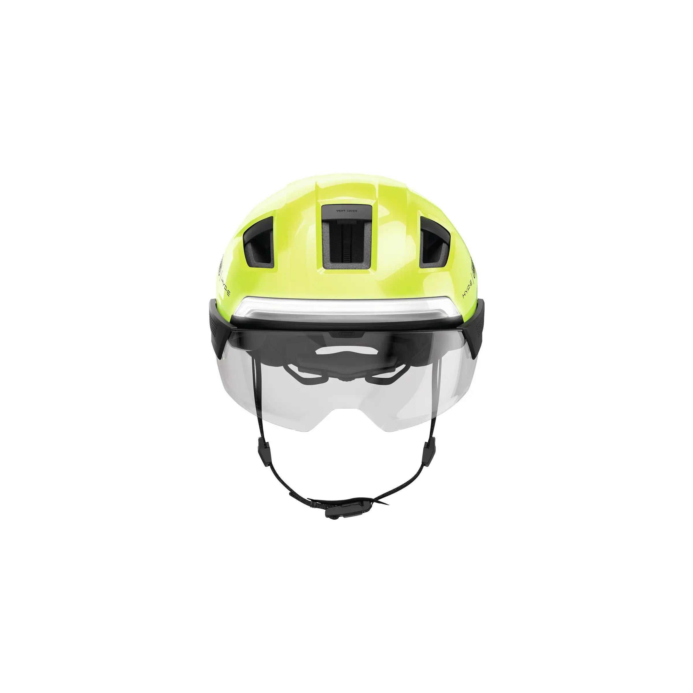 Abus Hyp-E Bl.ace speed pedelec helm met geïntegreerde verlichting en aerodynamisch ontwerp, zichtbare ventilatieopeningen.