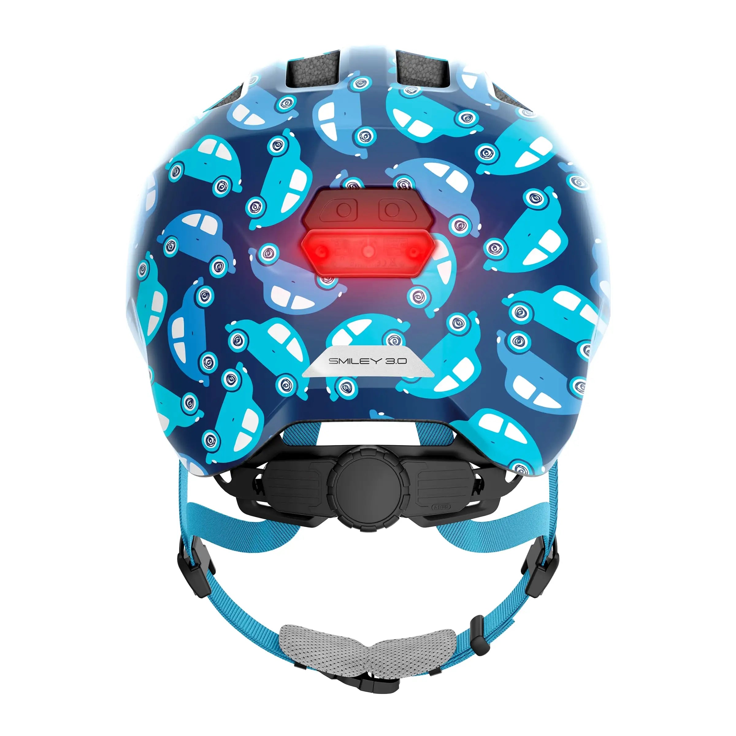 Abus Smiley 3.0 kinderfietshelm met LED-achterlicht en kleurrijk ontwerp, geschikt voor jonge kinderen.