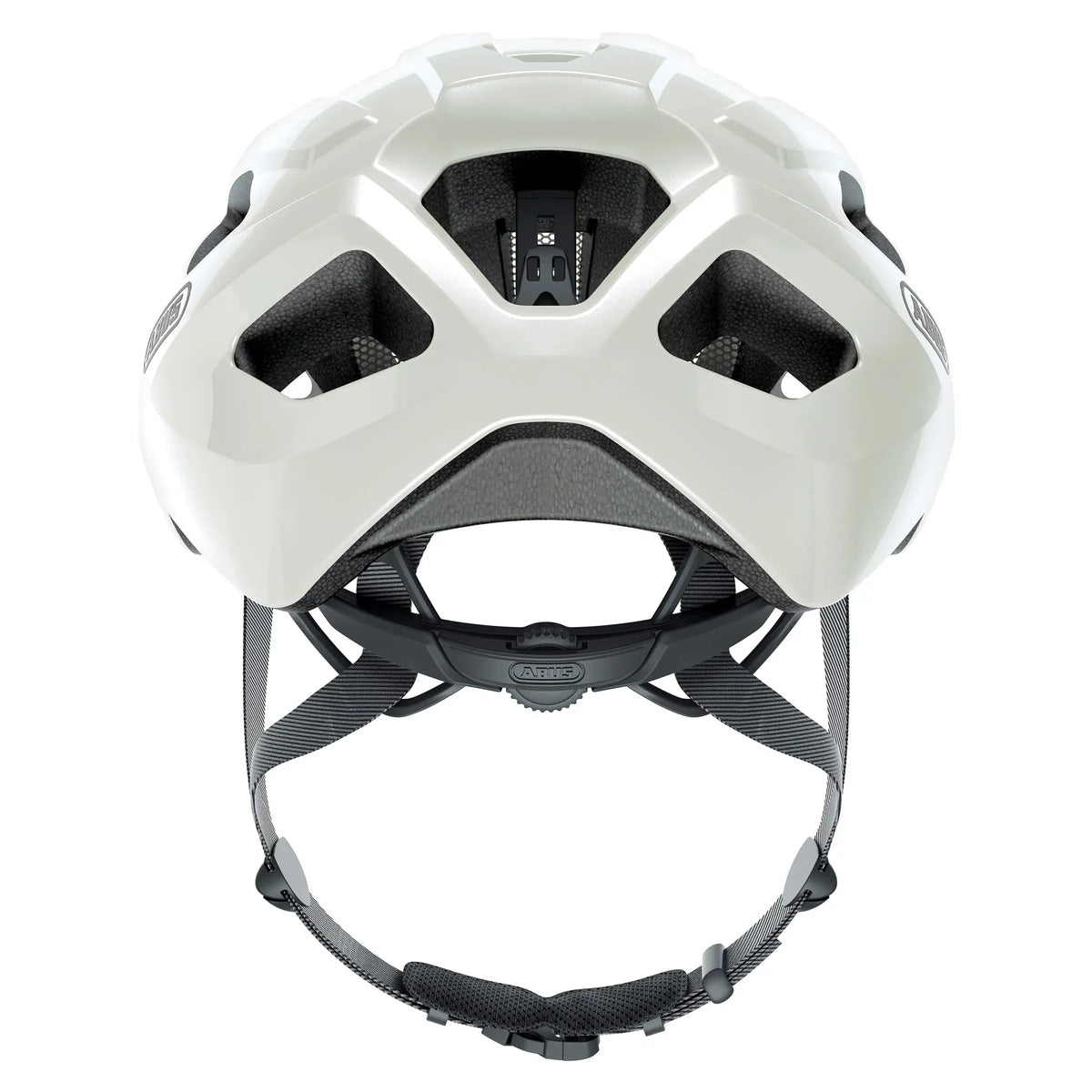 Abus Macator racefietshelm in pearl white, sportief instapmodel, met verstelbare maat 52-58 cm en ventilatieopeningen.