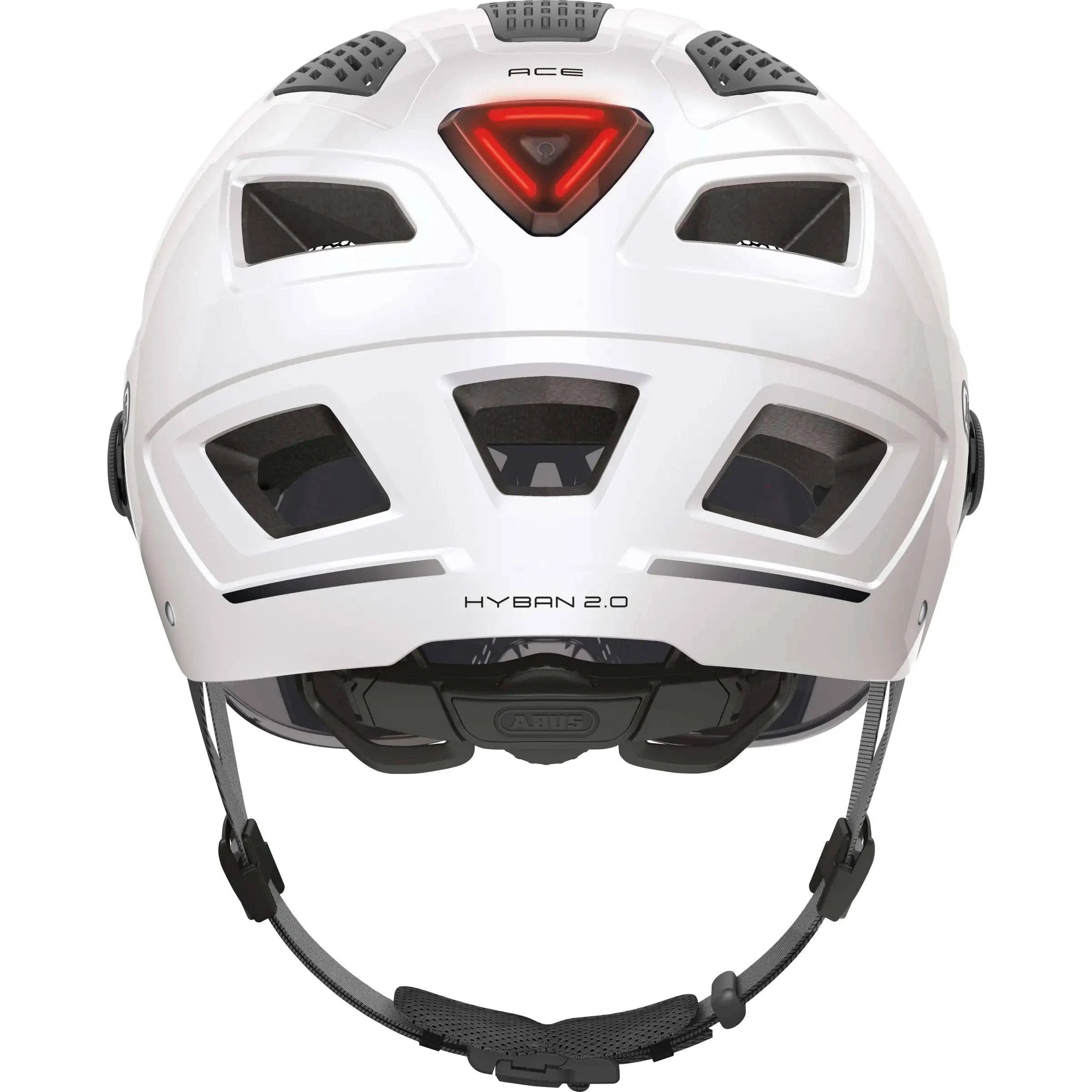 Abus Hyban 2.0 Ace Speed Pedelec helm met ventilatieopeningen en verstelbare veiligheidsriem, in zwart met blauwe accenten.