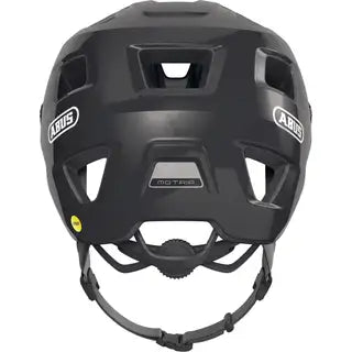 Abus Motrip Mips MTB fietshelm in zwart met ventilatieopeningen en verstelbare riem, ontworpen voor mountainbiken.