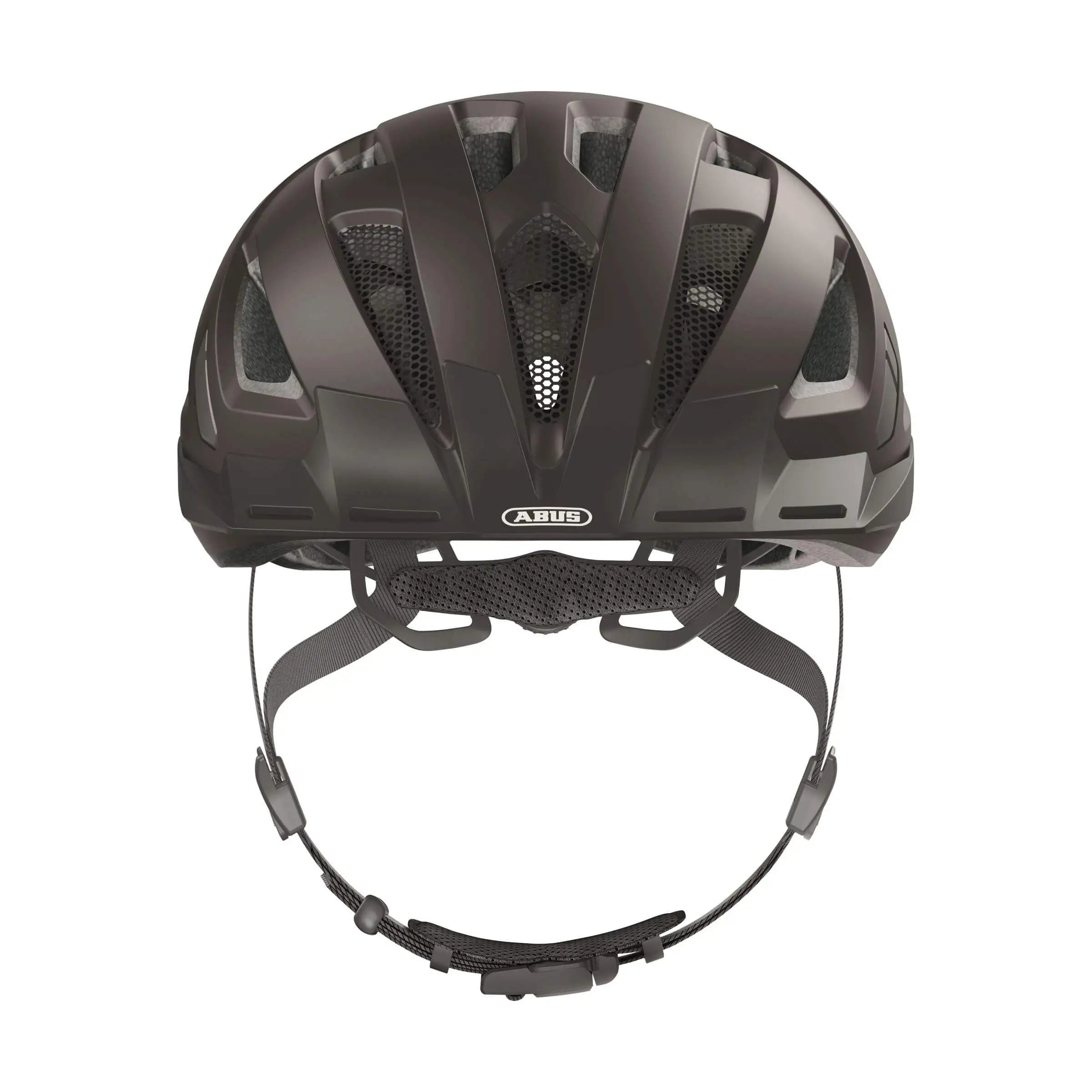 Abus Urban-I 3.0 Mips E-bike helm met ventilatiegaten en verstelbare riem, zwart met oranje accenten, op een fietshelm.