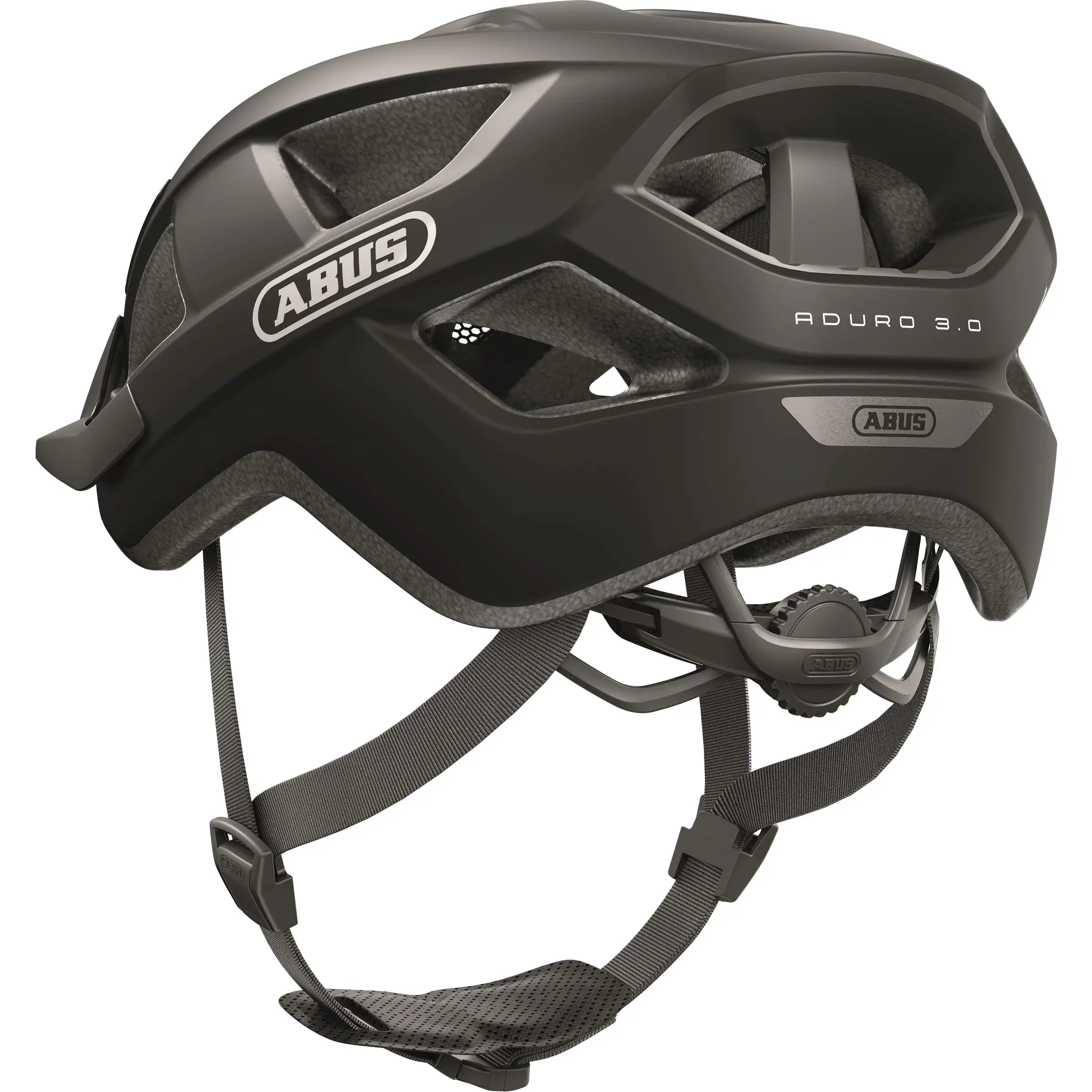 Abus Aduro 3.0 e-bike helm met ventilatiegaten en verstelbare riem, geschikt voor comfortabel fietsen op de e-bike.