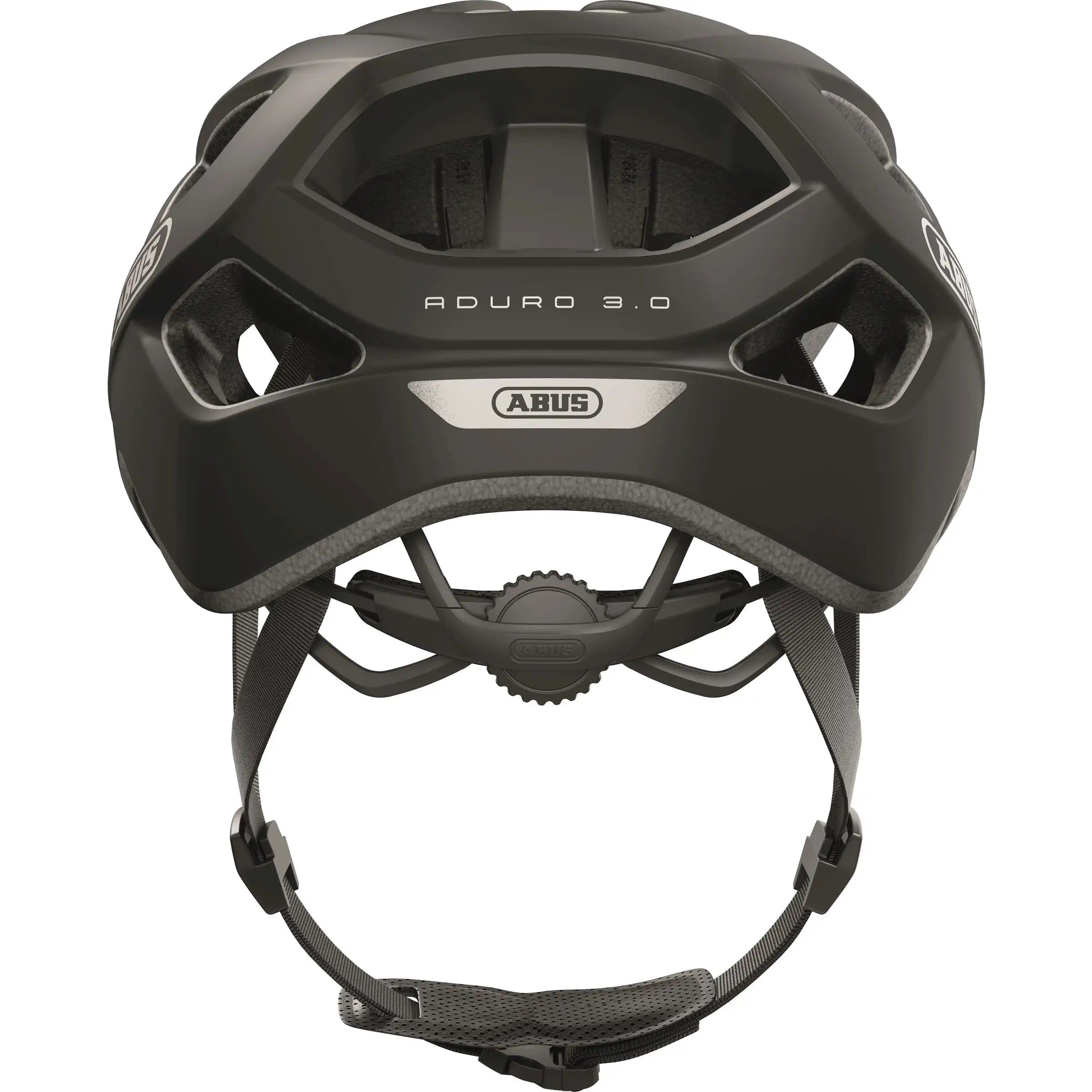 Abus Aduro 3.0 e-bike helm met ventilatiegaten en verstelbare riem, zwart gekleurd voor fietsers.