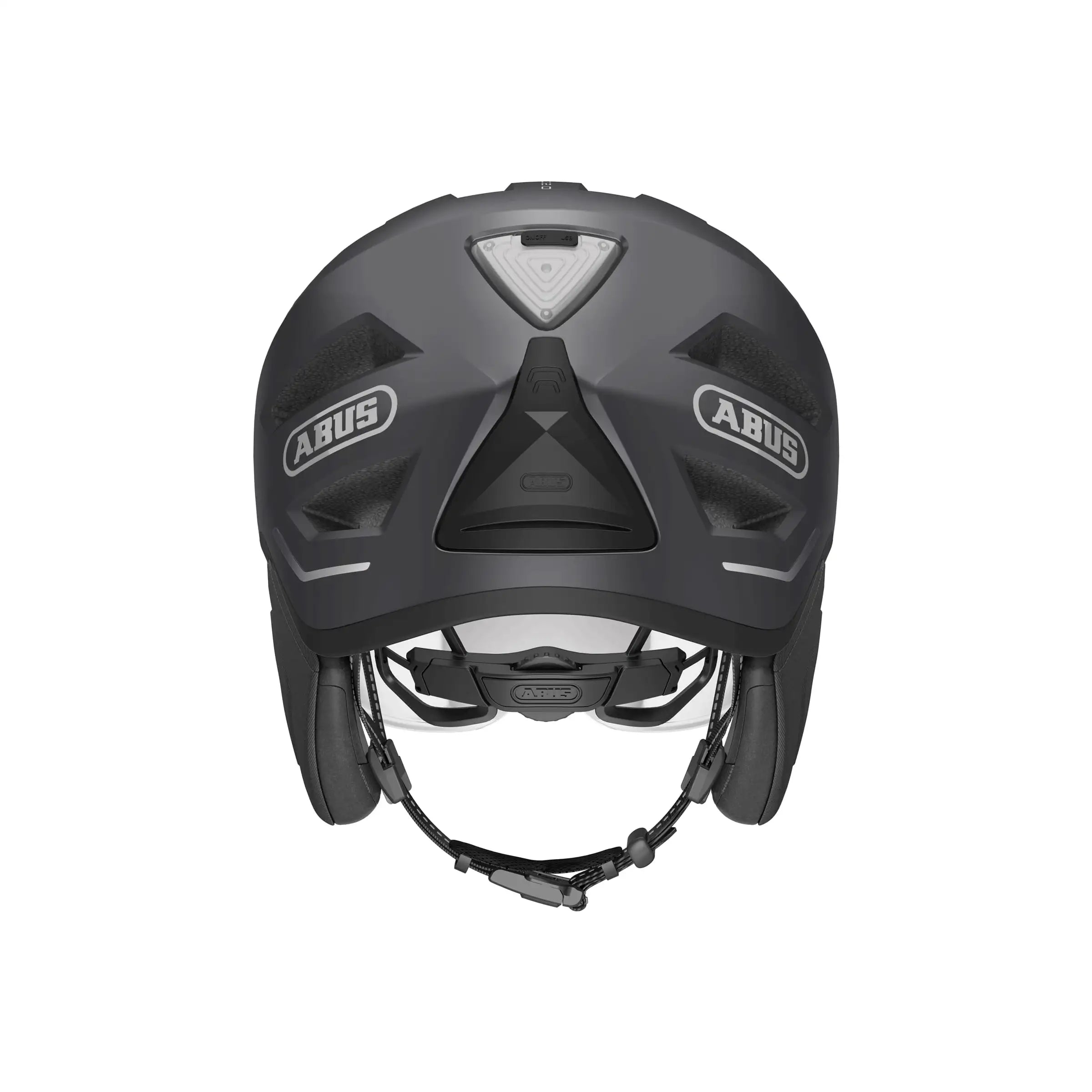 Abus Speed Pedelec helm met regenkap en oplaadbare lamp, lichte fietshelm voor snelle e-bikes, zichtbaar in de afbeelding.