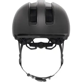 Abus Hud-Y Urban E-bike helm met oplaadbare magnetische achter-LED en verstelbare pasvorm, zwart met reflecterende details.