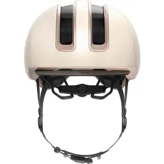 Abus Hud-Y urban e-bike helm met oplaadbare magnetische achter-LED en stevig ontwerp, geschikt voor stadsfietsen en woon-werkverkeer