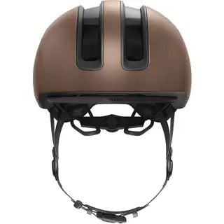 Abus E-bike helm Hud-Y, lichte en veilige fietshelm voor elektrische fietsen, in neutrale kleuren, zichtbaar van voren.