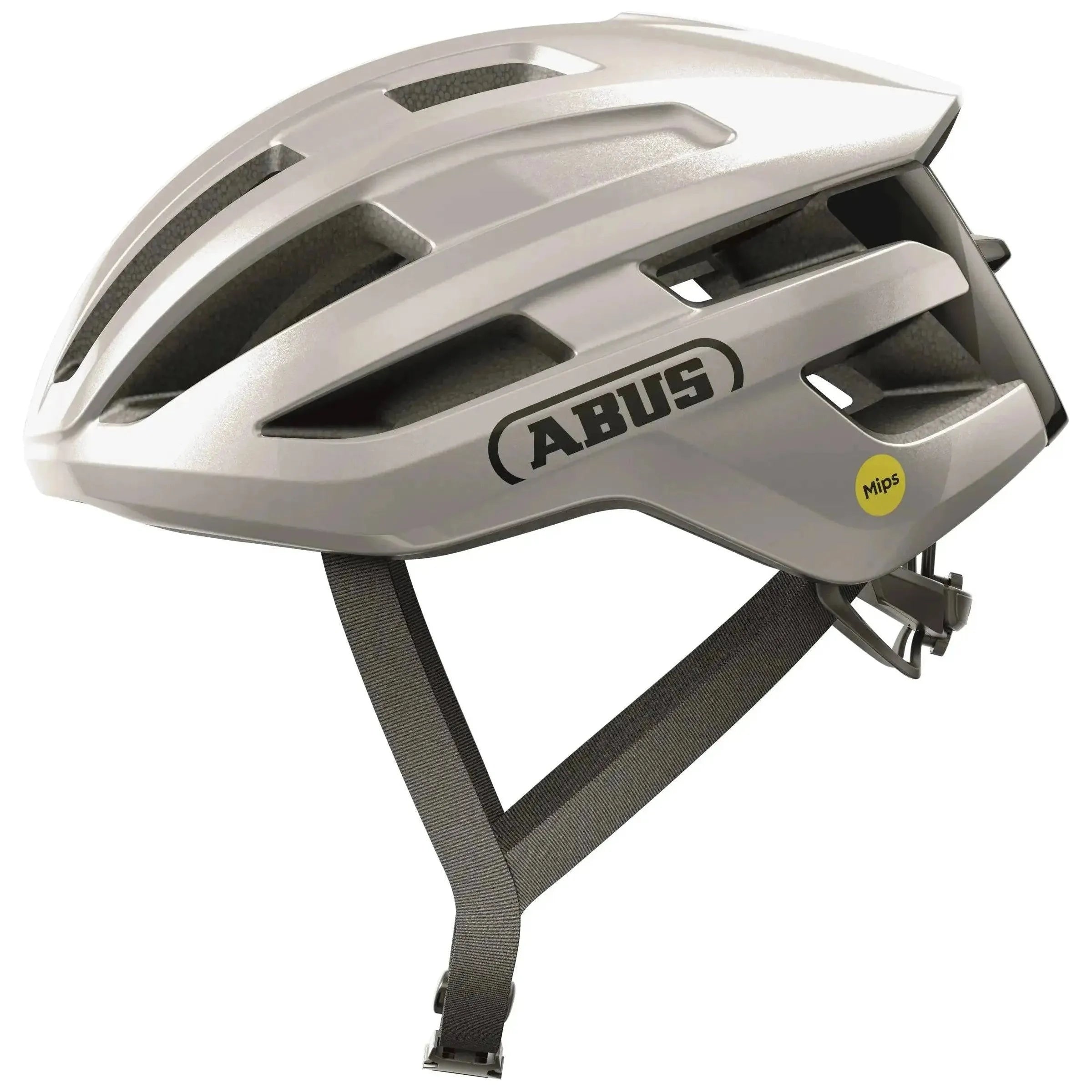 Abus Powerdome Mips racefietshelm in zwart met verstelbare ventilatieopeningen en Mips veiligheidslaag, gemaakt in Italië.