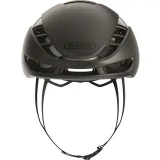 Abus Gamechanger 2.0 Aero Blade racefiets helm met aerodynamisch ontwerp en ventilatieopeningen, zwart kleur, close-up van de voorkant