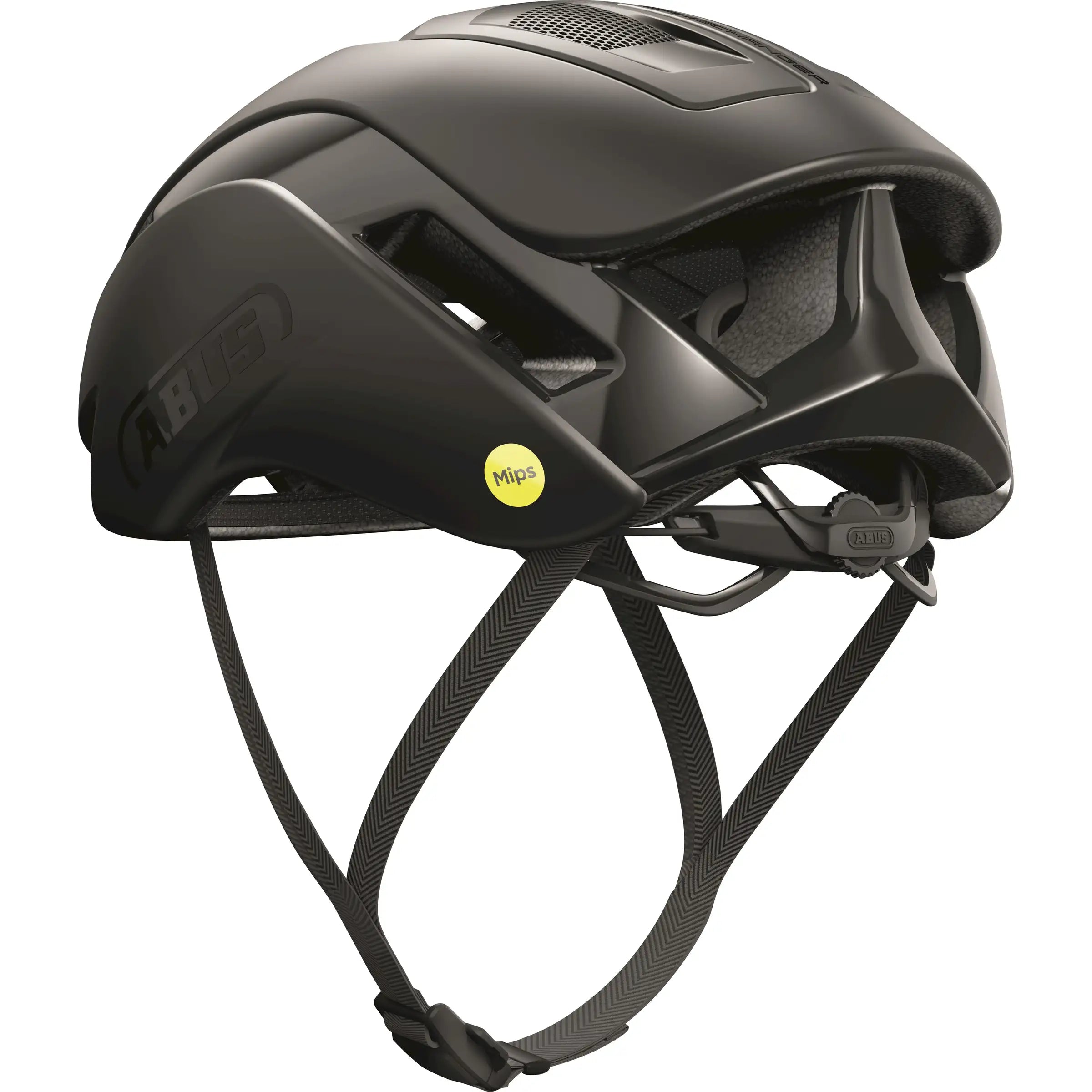 Abus Gamechanger 2.0 Mips racefietshelm met aerodynamisch ontwerp en ventilatieopeningen, zwart en rood, op een witte achtergrond