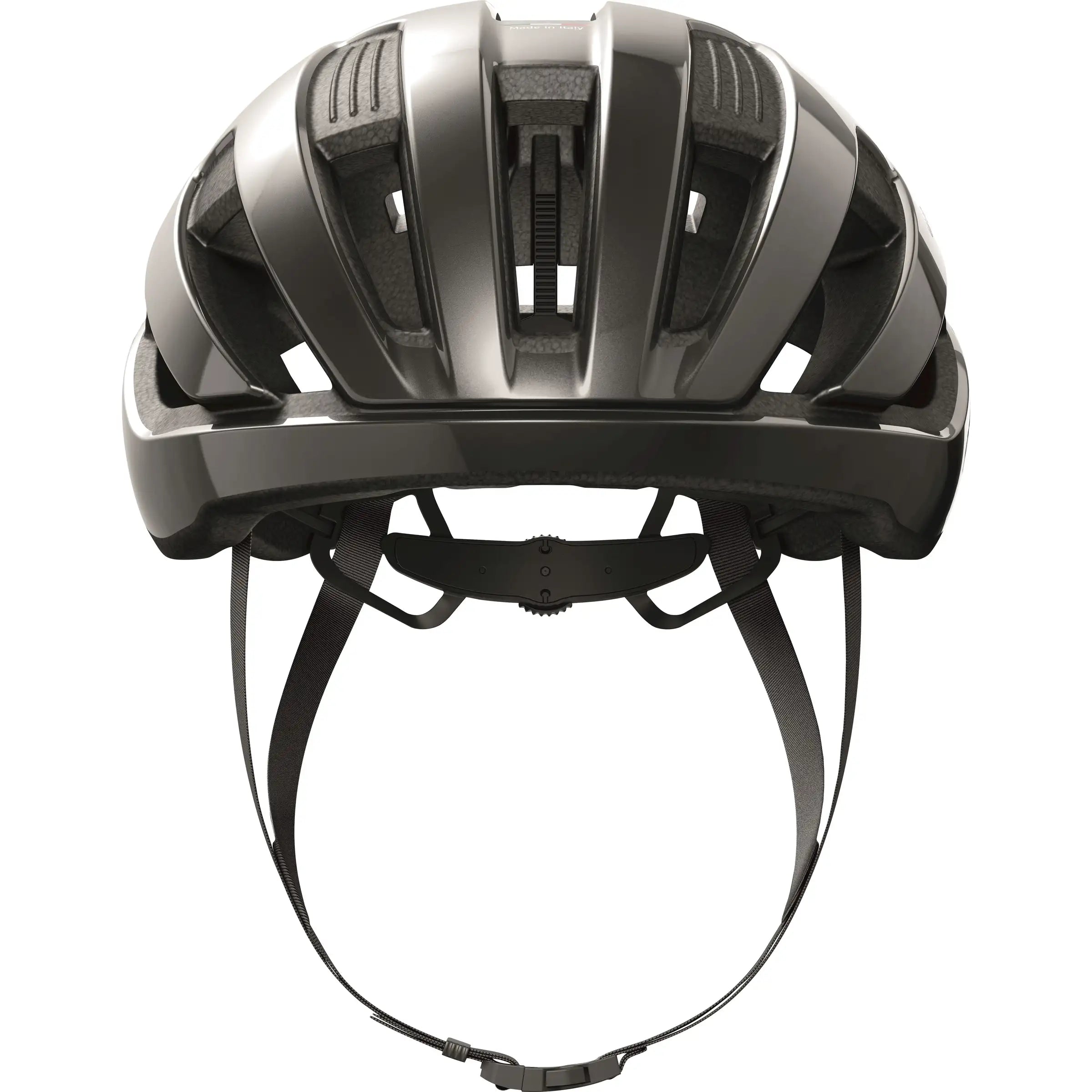 Abus Wingback racefietshelm met aerodynamisch ontwerp en ventilatiegaten, geschikt voor wielrenners, in zwart met witte details.