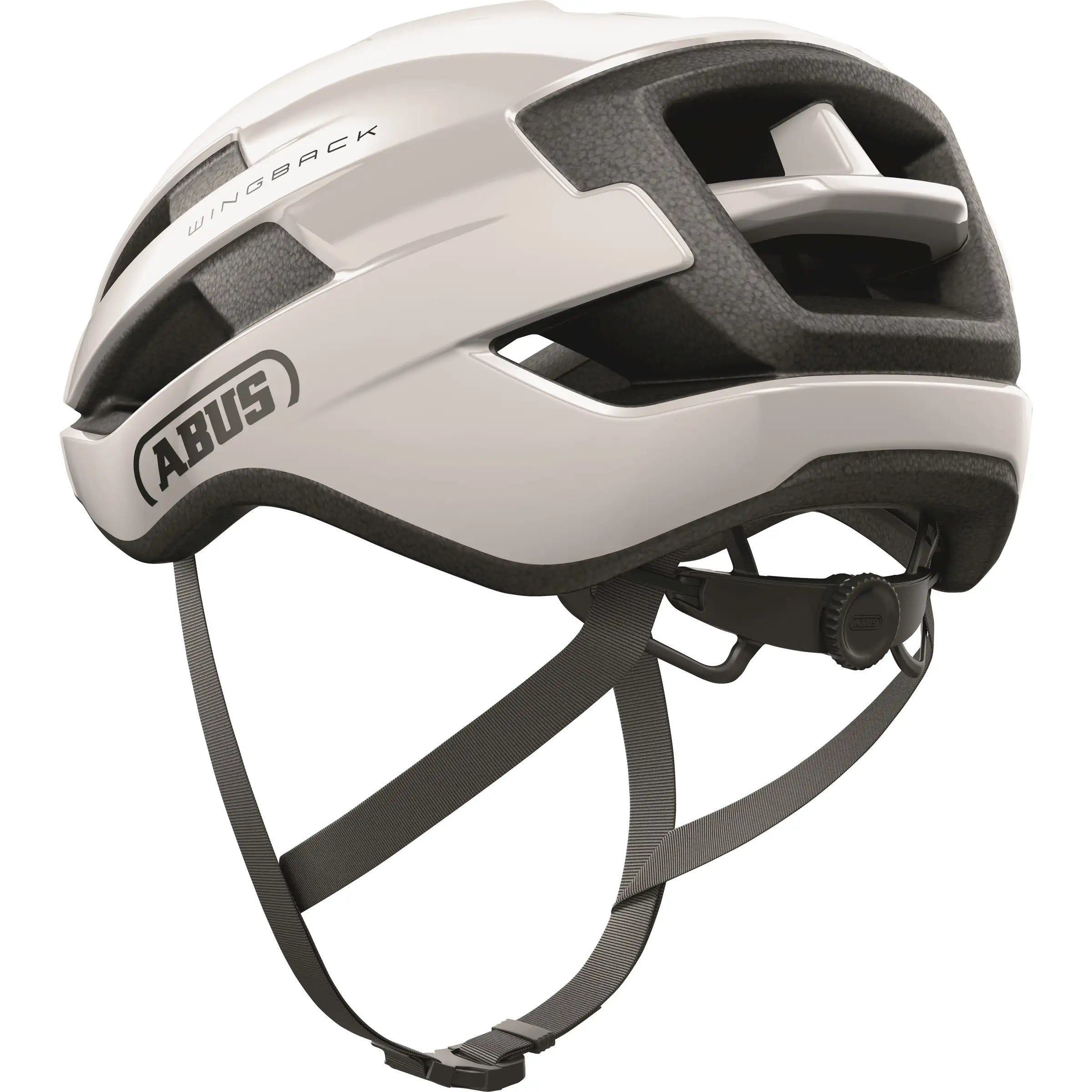Abus Wingback racefietshelm met aerodynamisch ontwerp en ventilatieopeningen, wit met zwarte details, op een witte achtergrond
