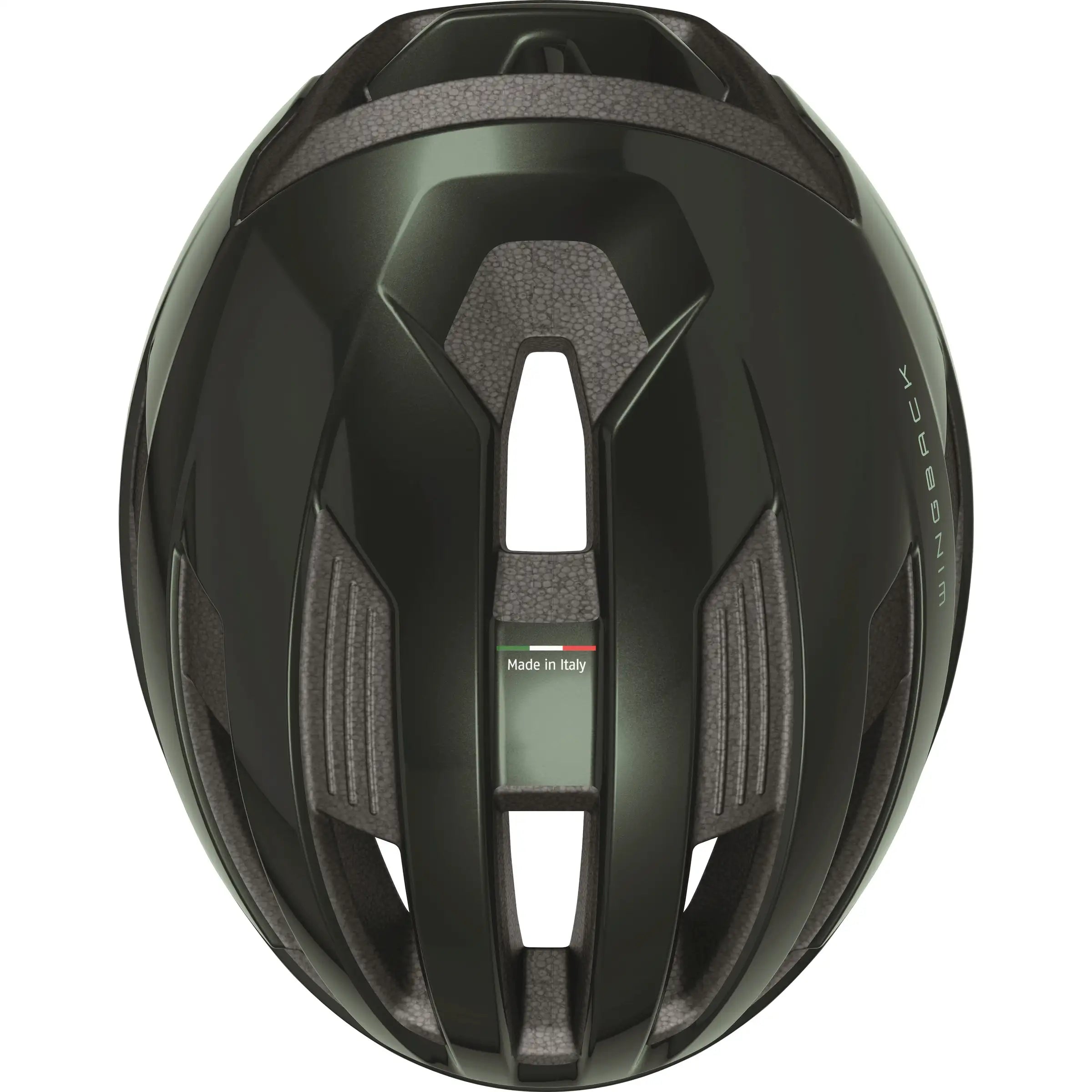 Abus Wingback racefietshelm in zwart met ventilatiegaten en verstelbare riem, ontworpen voor wielrenners.