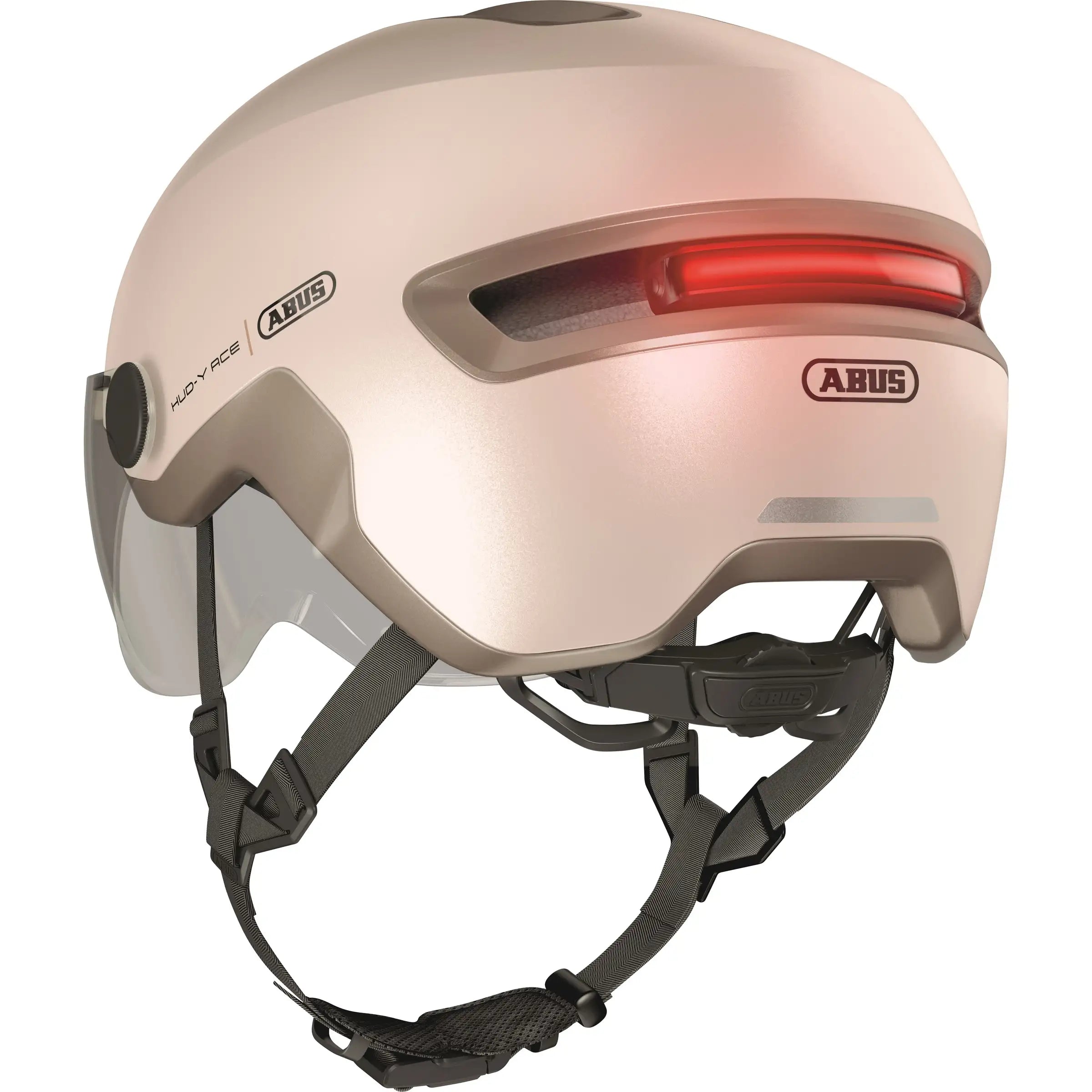 Abus Speed Pedelec helm Hud-Y Ace met ventilatieopeningen en verstelbare riem voor fietsers, zwart en helder ontworpen.