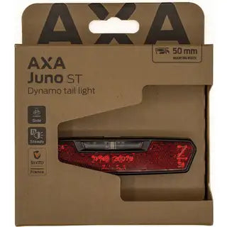 Axa Juno Dynamo Steady Led achterlicht in zwart, bevestigd aan fiets, duidelijk zichtbaar in de afbeelding.