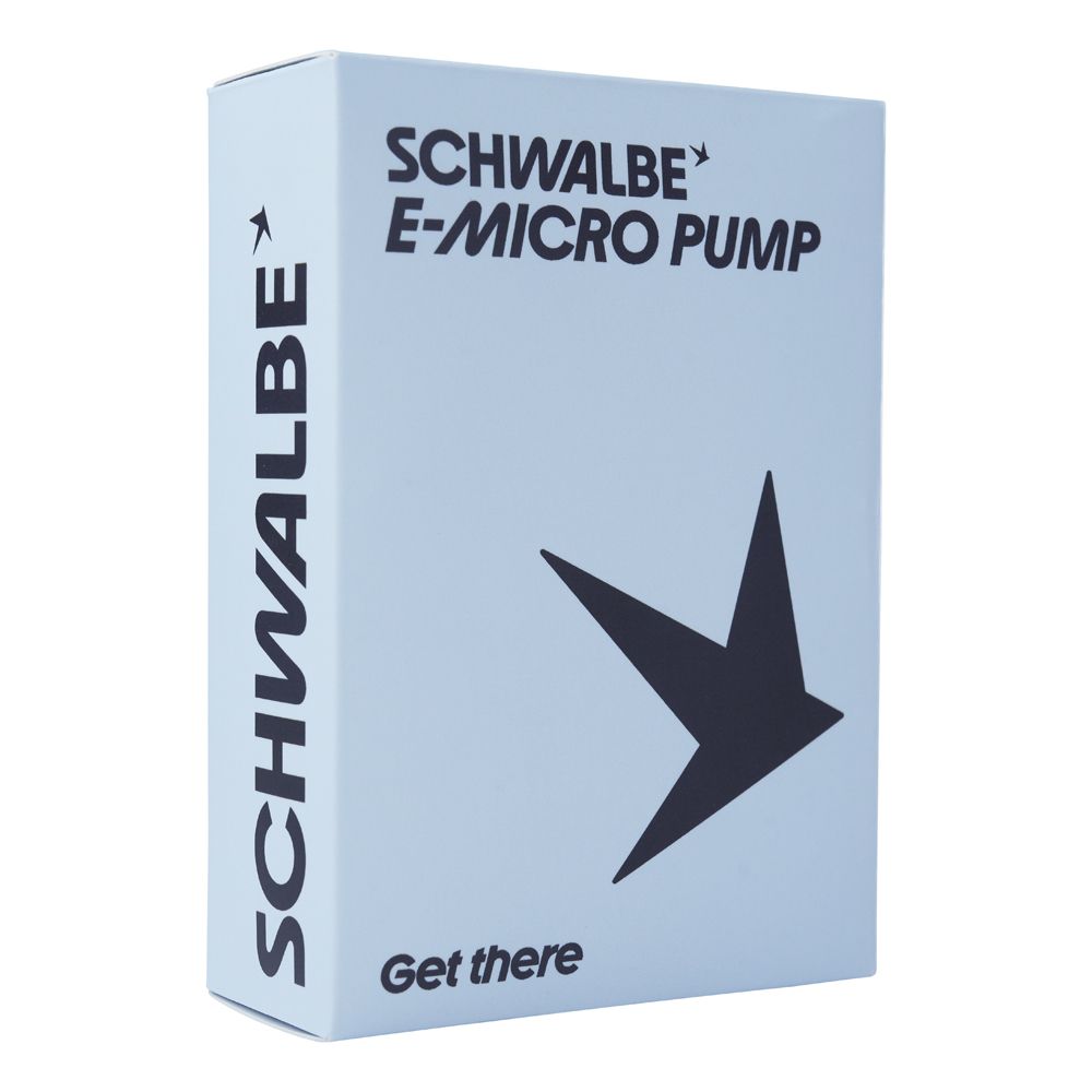 Zwarte Schwalbe E-Micro Minipomp met SCV-adapter voor elektrische bandenpompen, compact en gebruiksvriendelijk.