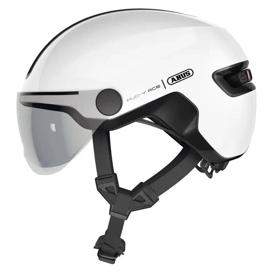 Abus Hud-Y Ace speed pedelec fietshelm met aerodynamisch ontwerp en ventilatiegaten, geschikt voor elektrische fietsen.
