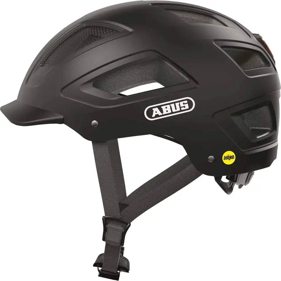 Abus Hyban 2.0 speed pedelec fietshelm met geïntegreerd LED-achterlicht en MIPS bescherming, geschikt voor snelle e-bikes.