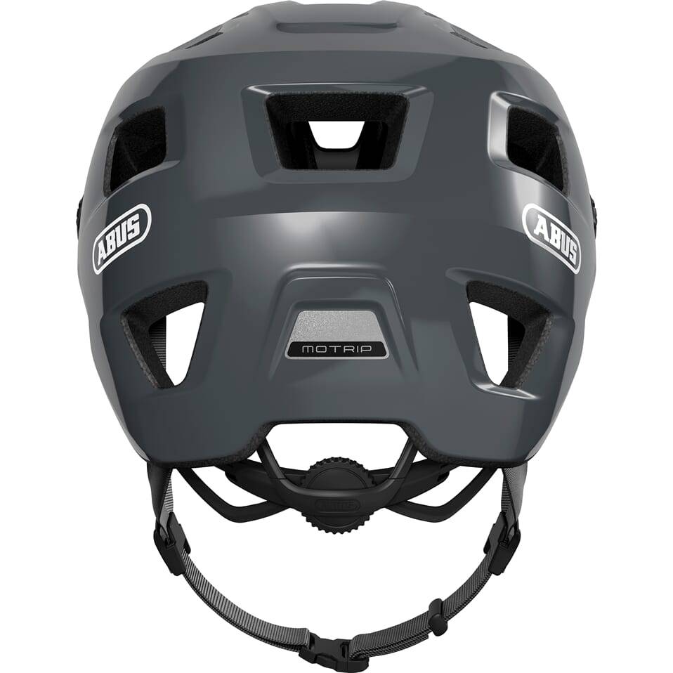 Abus Motrip MTB fietshelm met diepe pasvorm, grijs kleur, ventilatieopeningen en stevige constructie voor mountainbiken.