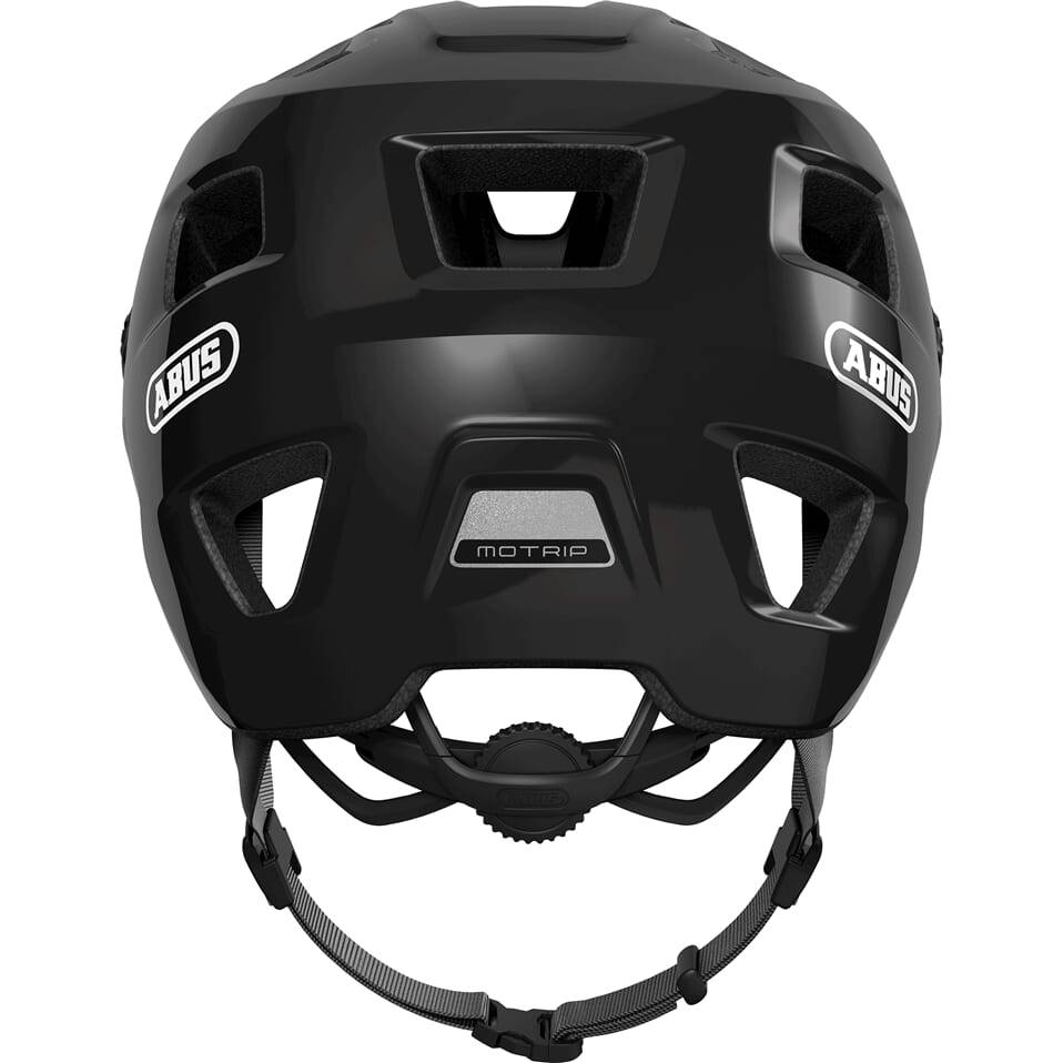 Abus Motrip MTB fietshelm in glanzend zwart met verstelbaar systeem, ontworpen voor mountainbiken en comfort.
