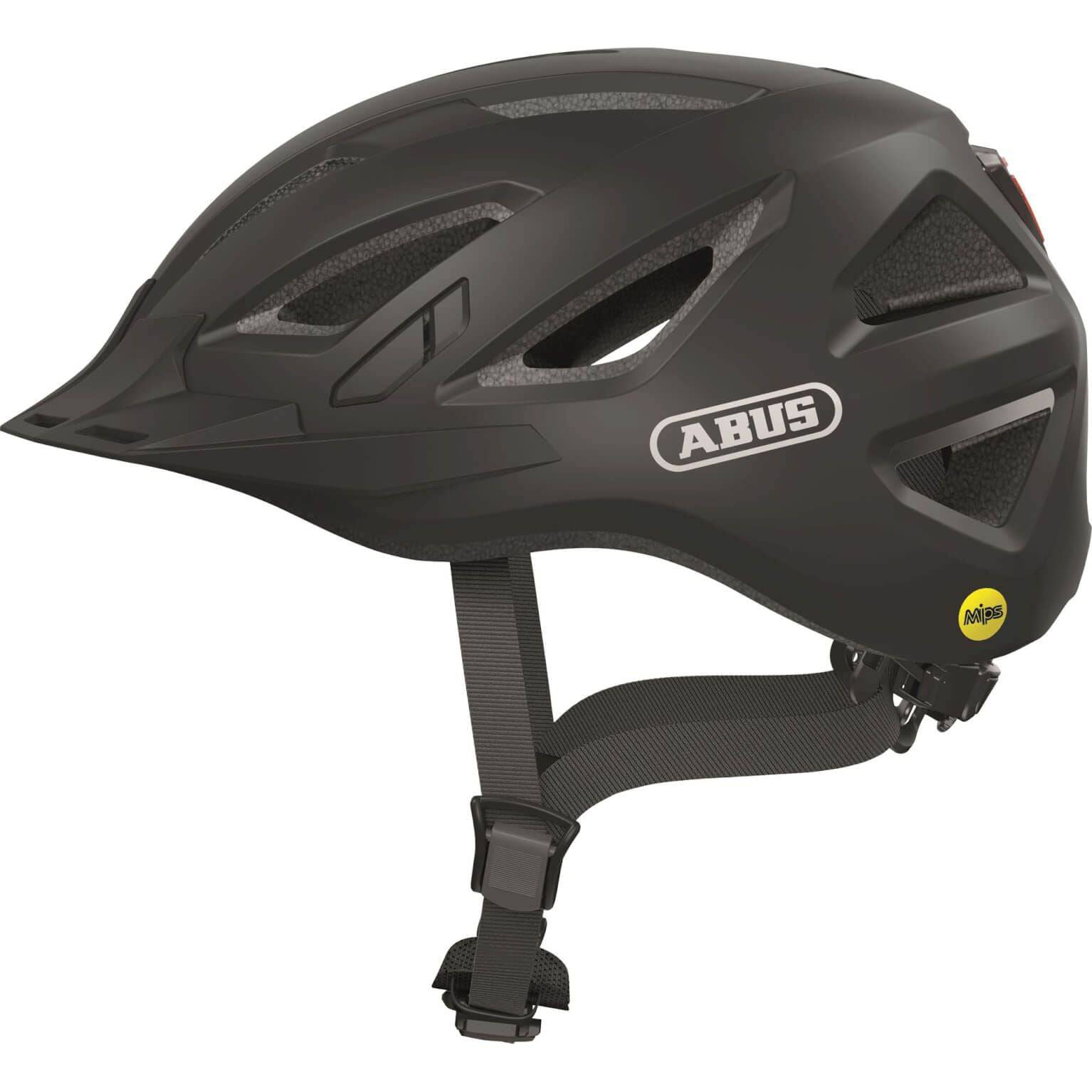 Abus Urban-I 3.0 Mips E-bike helm in zwart, met ventilatieopeningen en verstelbare riem voor veilig fietsen.