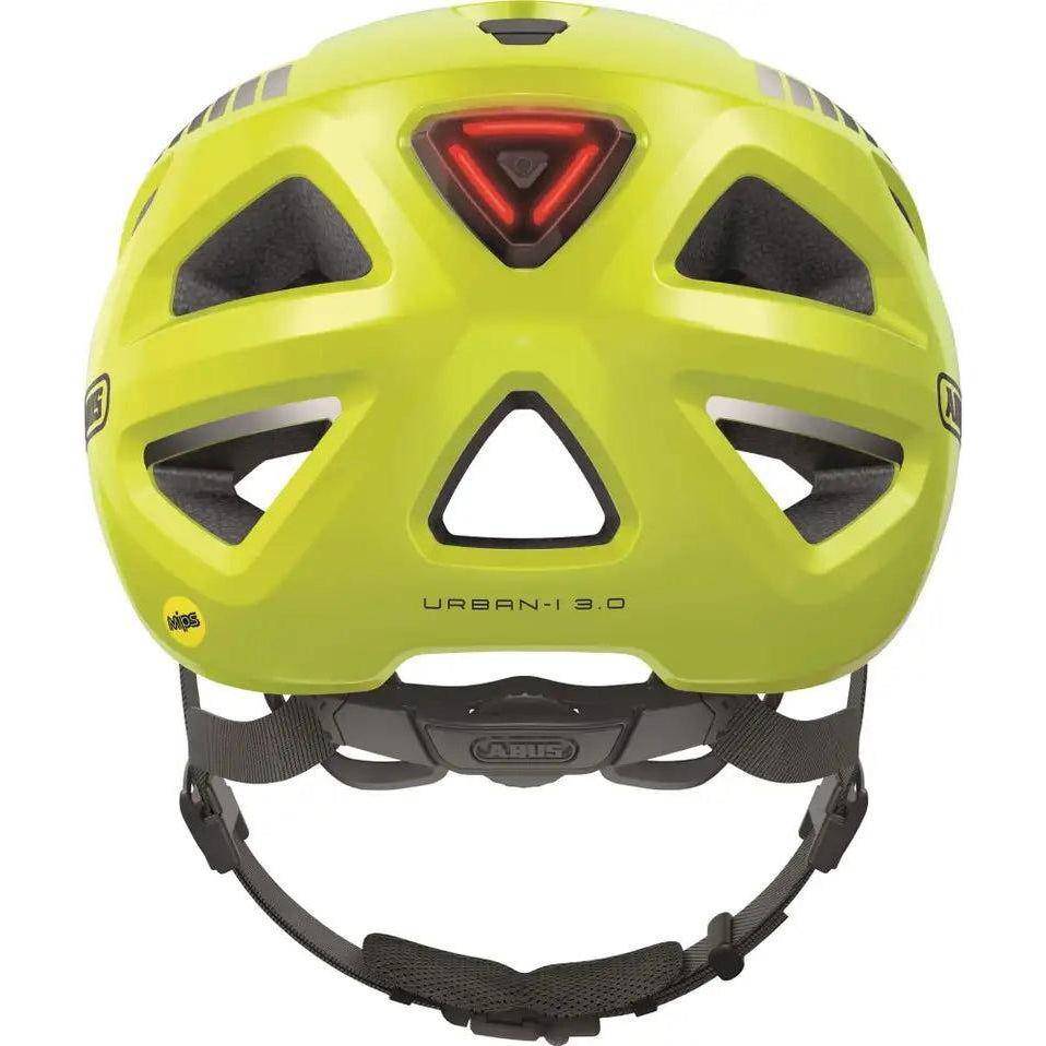 Abus Urban-I 3.0 Mips e-bike helm in geel met reflecterende details en ventilatieopeningen, geschikt voor comfortabel fietsen.