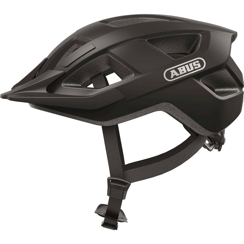 Abus Aduro 3.0 E-bike helm met ventilatiegaten en verstelbare riem, geschikt voor veilig fietsen op de e-bike.