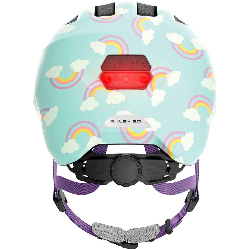 Kinderfietshelm Abus Smiley 3.0 LED met achterlicht, kleurrijk en comfortabel voor kinderen, geschikt voor veilig fietsen.