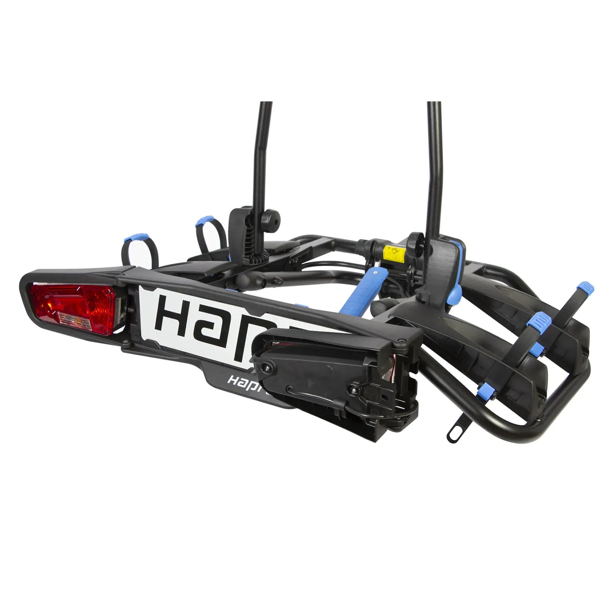 Hapro Atlas Premium III fietsendrager voor trekhaak, 3 fietsen, zwart en blauw, kantelbaar en robuust ontwerp.