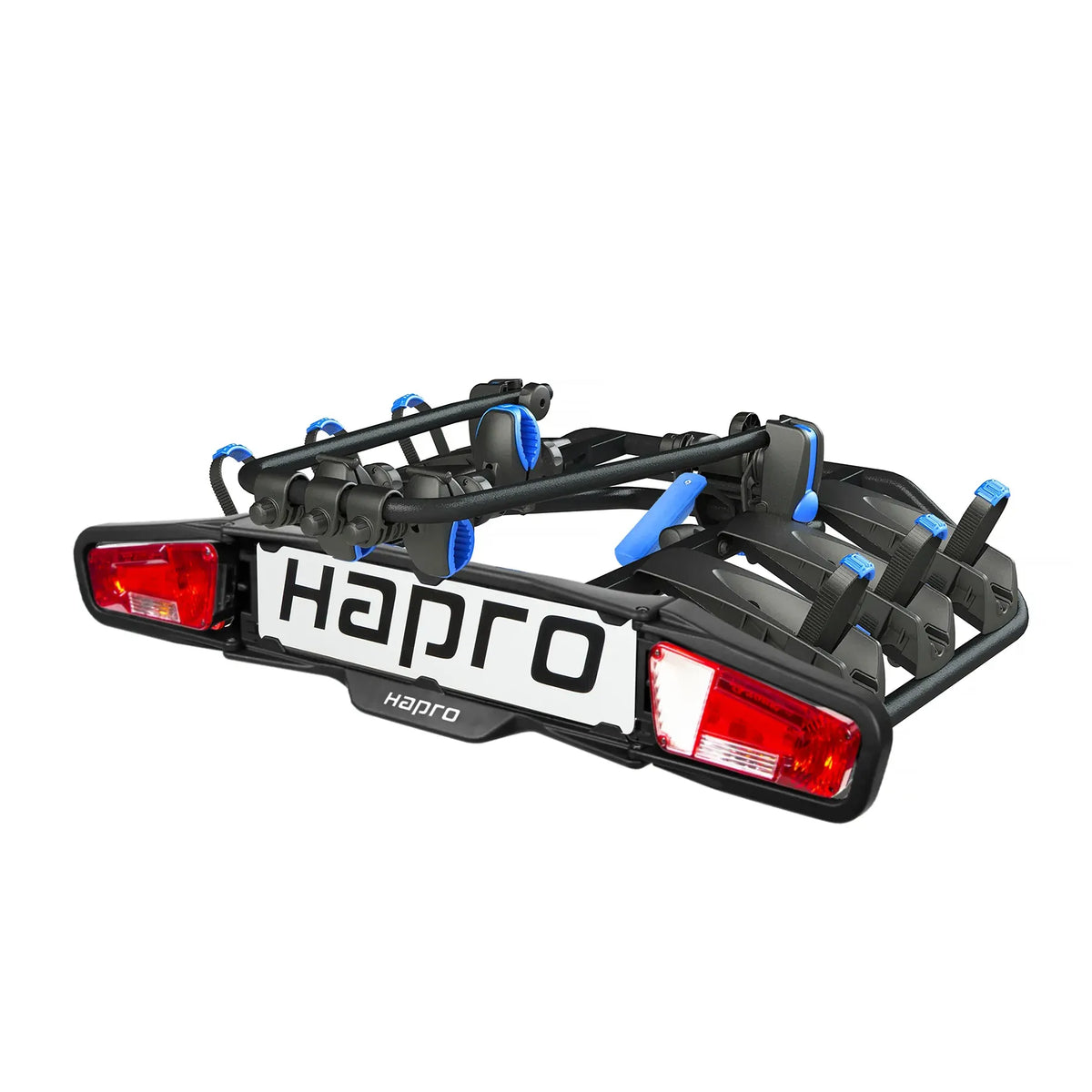 Hapro Atlas Premium III fietsendrager voor trekhaak, zwart/blauw, kantelbaar, geschikt voor 3 fietsen, 7/13-polige aansluiting