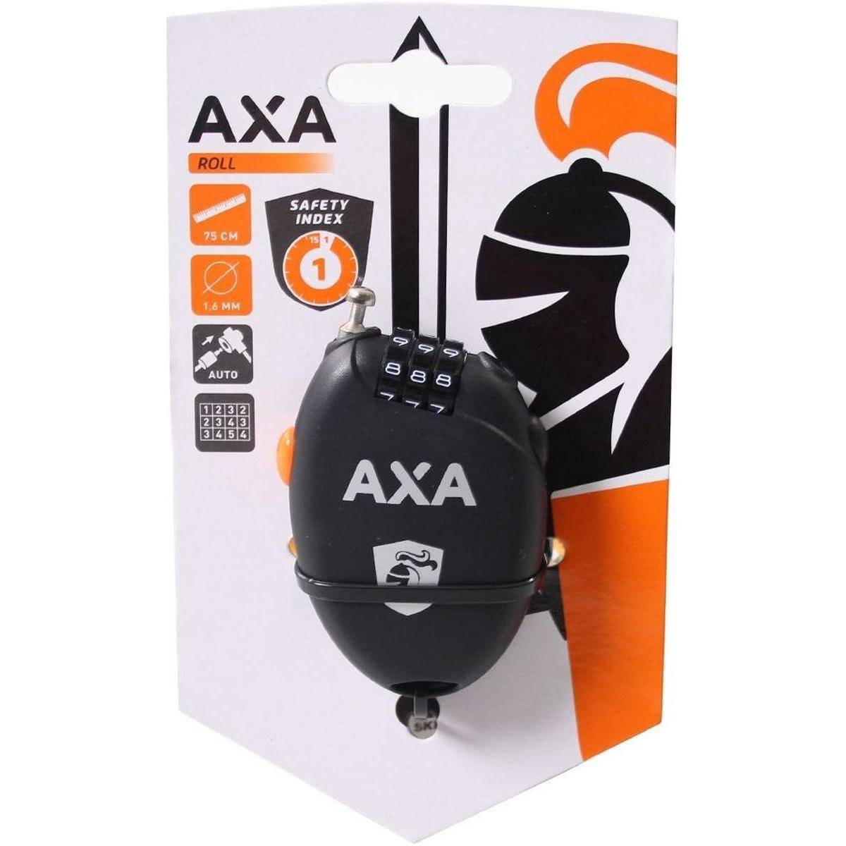 Axa roll kabelslot met oprolbare staalkabel, 75 cm lang en 1,6 mm dik, geschikt voor fiets en accessoires.
