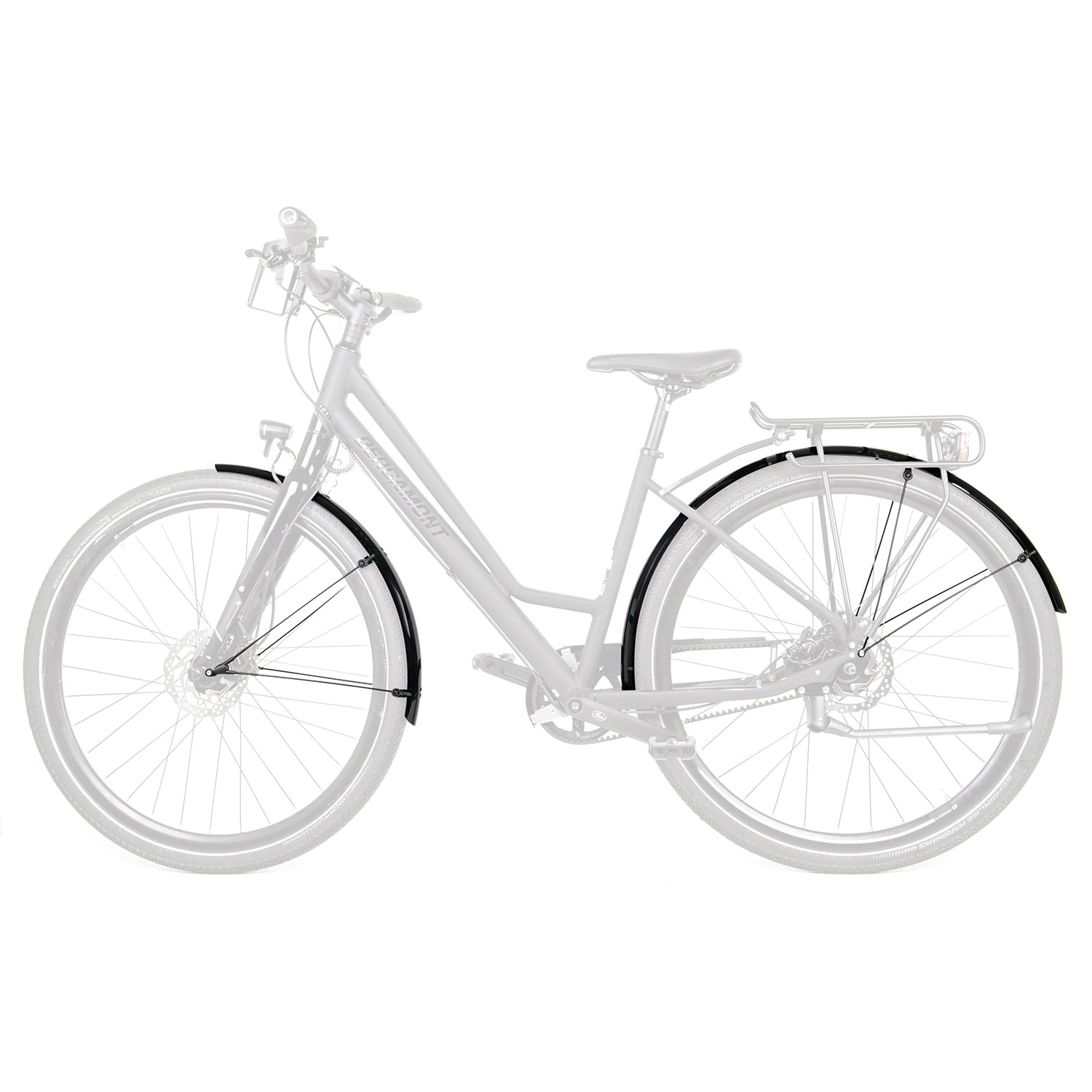 Zwarte SKS spatbordenset met blauwe strepen voor 28-inch fietsen, beschermt tegen modder en vuil tijdens het fietsen.