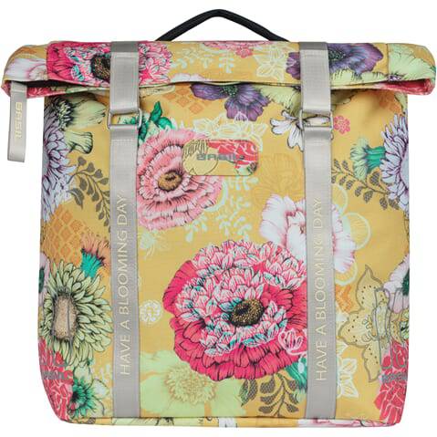 Basil dubbele fietstas Bloom Field Mik, 35 liter, gele kleur, met waterdichte stof en verstelbare riemen voor fietsbagage.