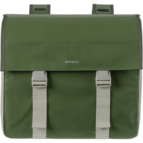 Basil dubbele fietstas Urban Load in mossgroen en zand, 48-53 liter, 40x17x46 cm, geschikt voor stadsfietsen