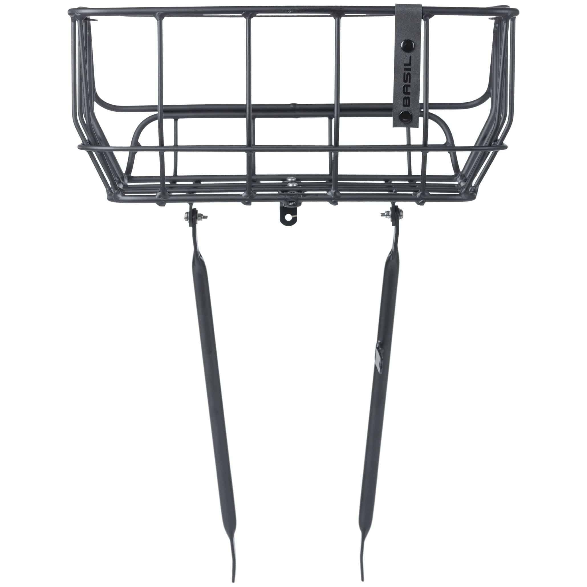 Basil Portland fietsmand van 25 liter in aluminium, vooraan op een fiets, met afmetingen 43x36x22 cm, geschikt voor stadsfietsen