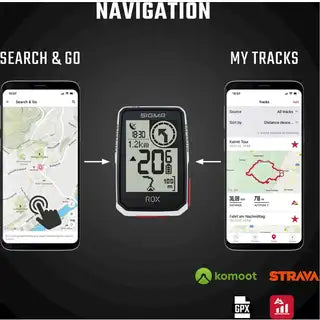Witte Sigma Rox 2.0 Endurance GPS fietscomputer met scherm en bedieningsknoppen, ontworpen voor fietsers.