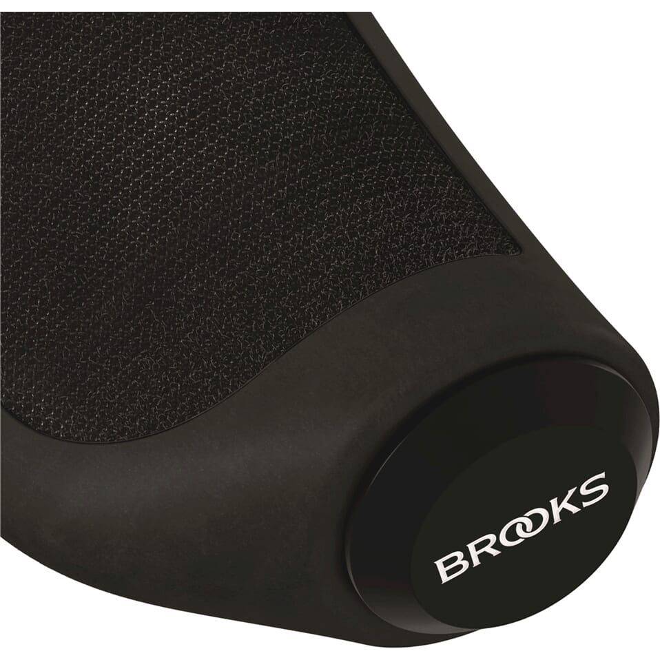 Brooks ergonomische Cambium handvatten in zwart, zachte grip voor comfort en controle tijdens het fietsen.