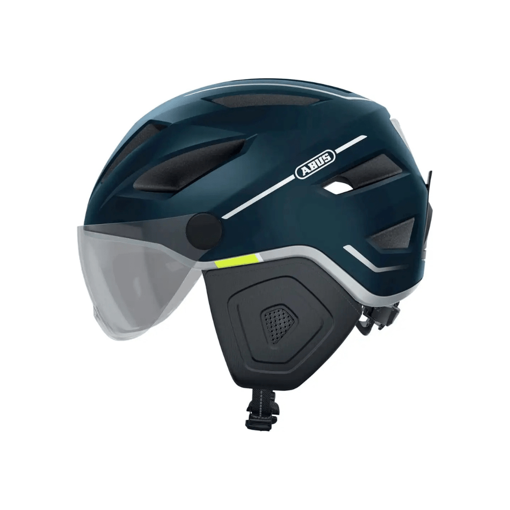 Abus Pedelec 2.0 Ace speed pedelec helm met regenkap en oplaadbare lamp, geschikt voor veilig fietsen.