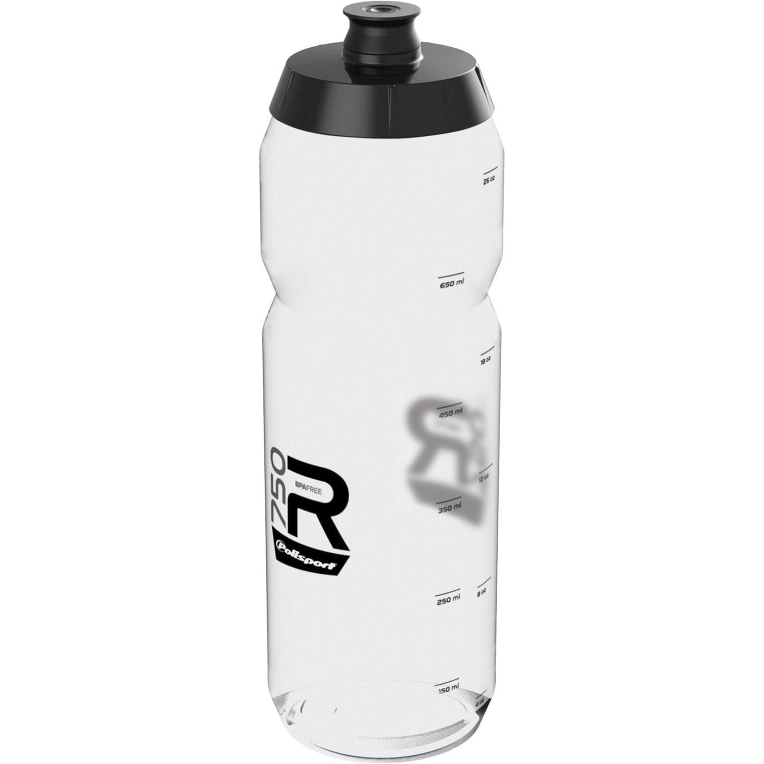 Polisport Bidon R750, zwart en rood, kunststof fietbidon met logo, zichtbaar in een close-up foto.