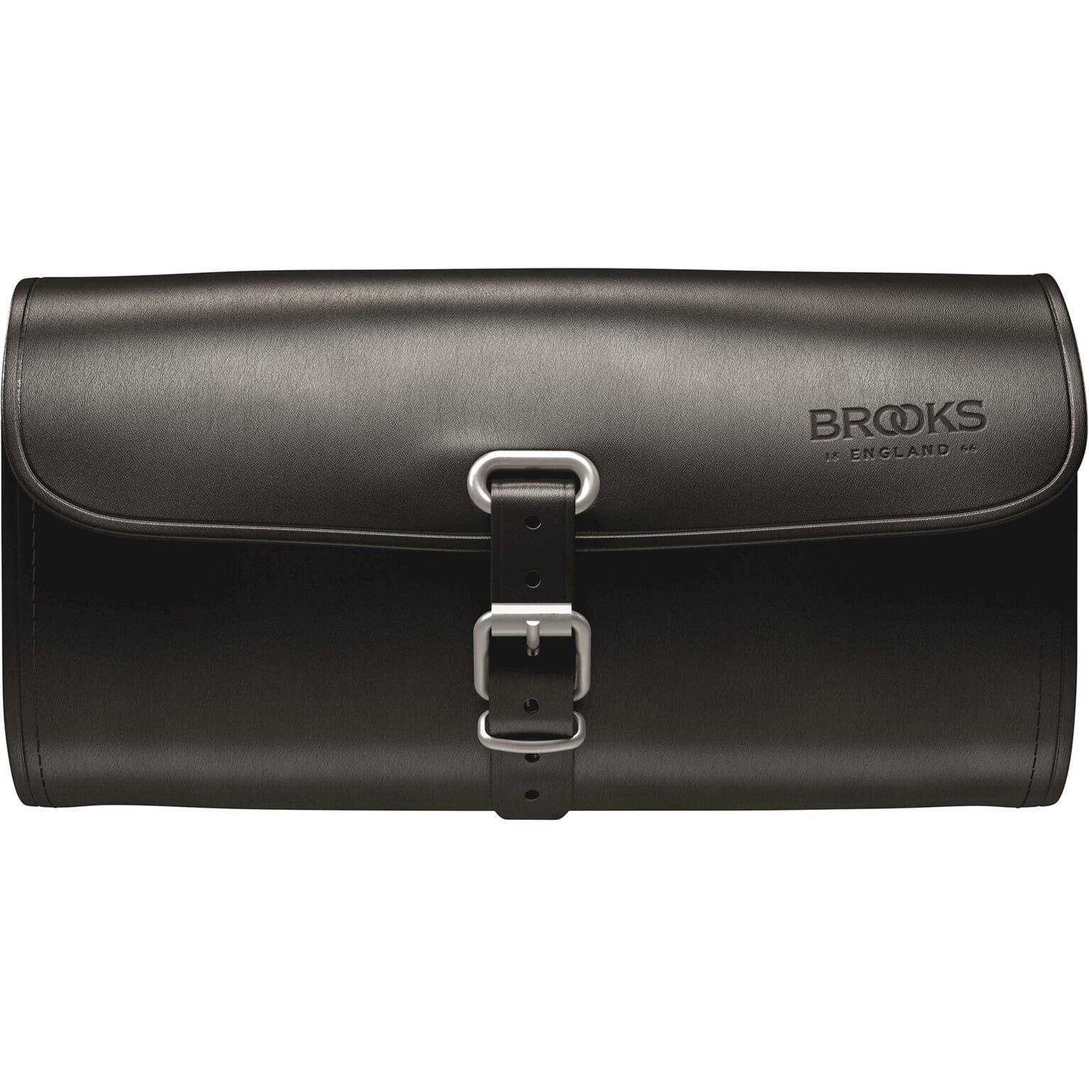Brooks Challenge 1,5L zadeltas met verstelbare riem en waterdichte stof voor fietsers, zwart met blauwe accenten.