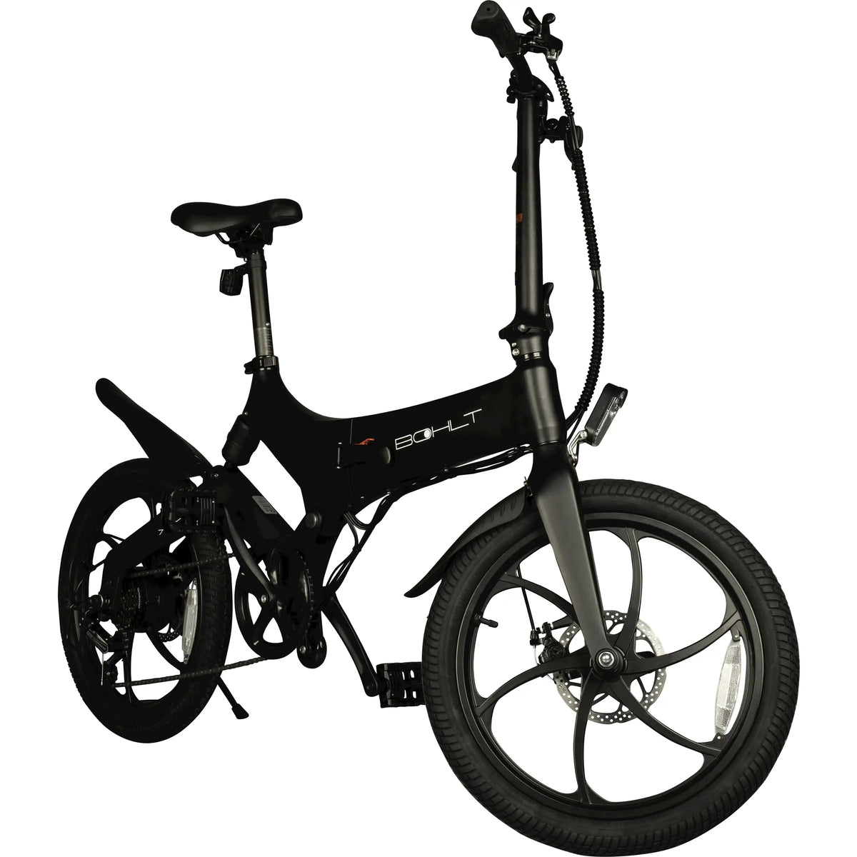 Zwarte Bohlt elektrische vouwfiets X200 met compact frame en elektrische aandrijving, ideaal voor stadsgebruik.