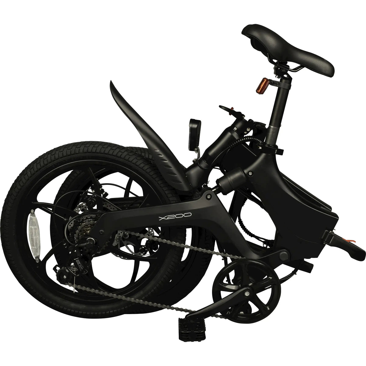 Zwarte Bohlt elektrische vouwfiets X200 met compact ontwerp en inklapbare frame, ideaal voor stadsgebruik.