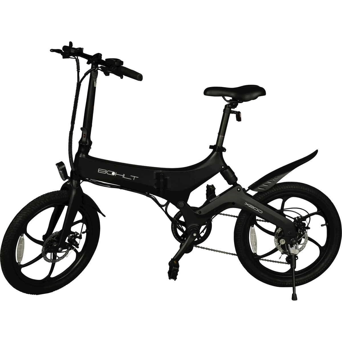 Zwarte Bohlt elektrische vouwfiets X200 met inklapbaar frame en display, geschikt voor stadsgebruik en comfortabel rijden.